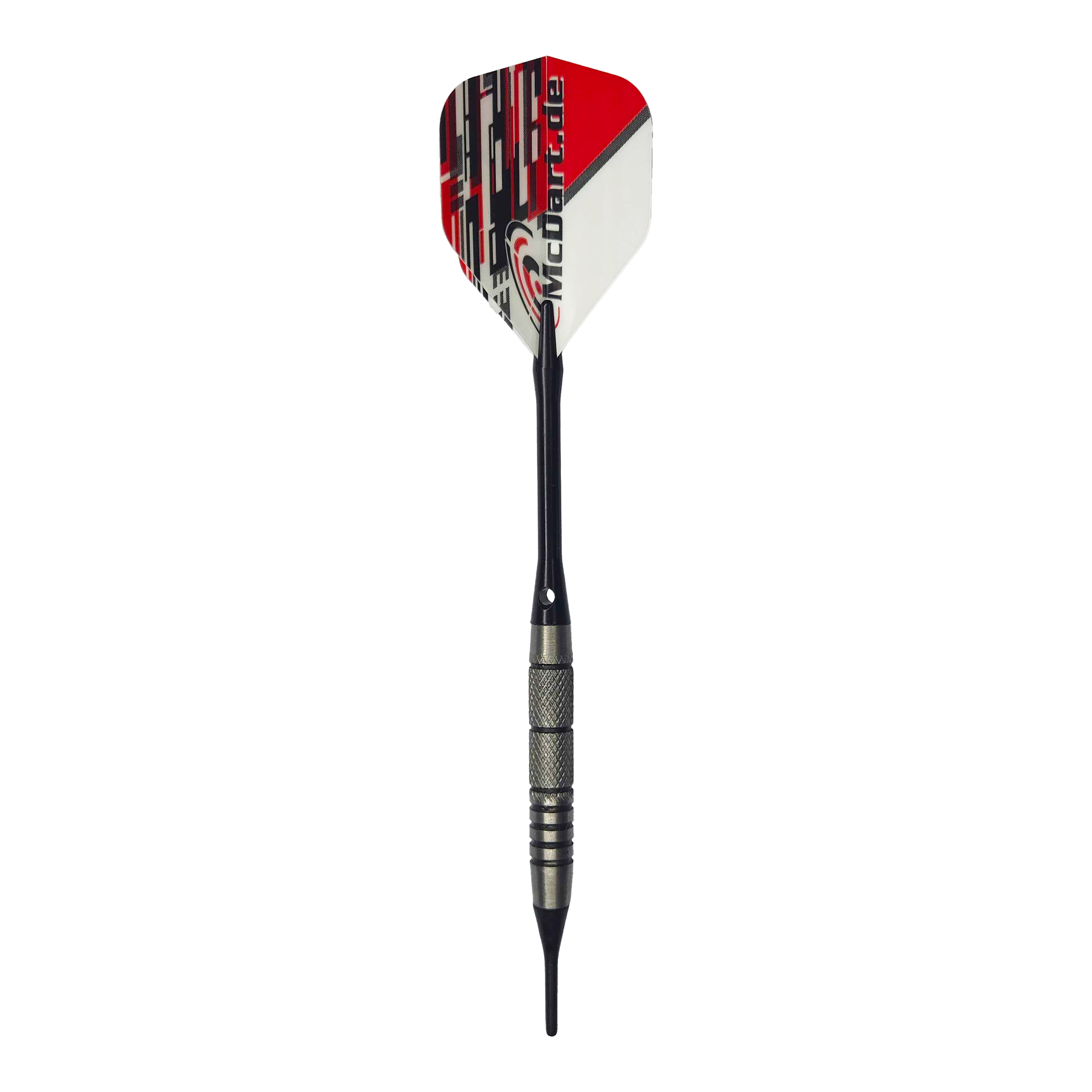 Měkké šipky McDart 85 Tungsten V9 - 17,5 g Das Bild zeigt einen McDart 85er Tungsten V9 Softdart mit einem Gewicht von 17,5g. Der Dart hat eine schwarz-silberne Spitze und Schaft sowie ein Flight in Rot, Weiß und Schwarz mit der Aufschrift "McDart.de".