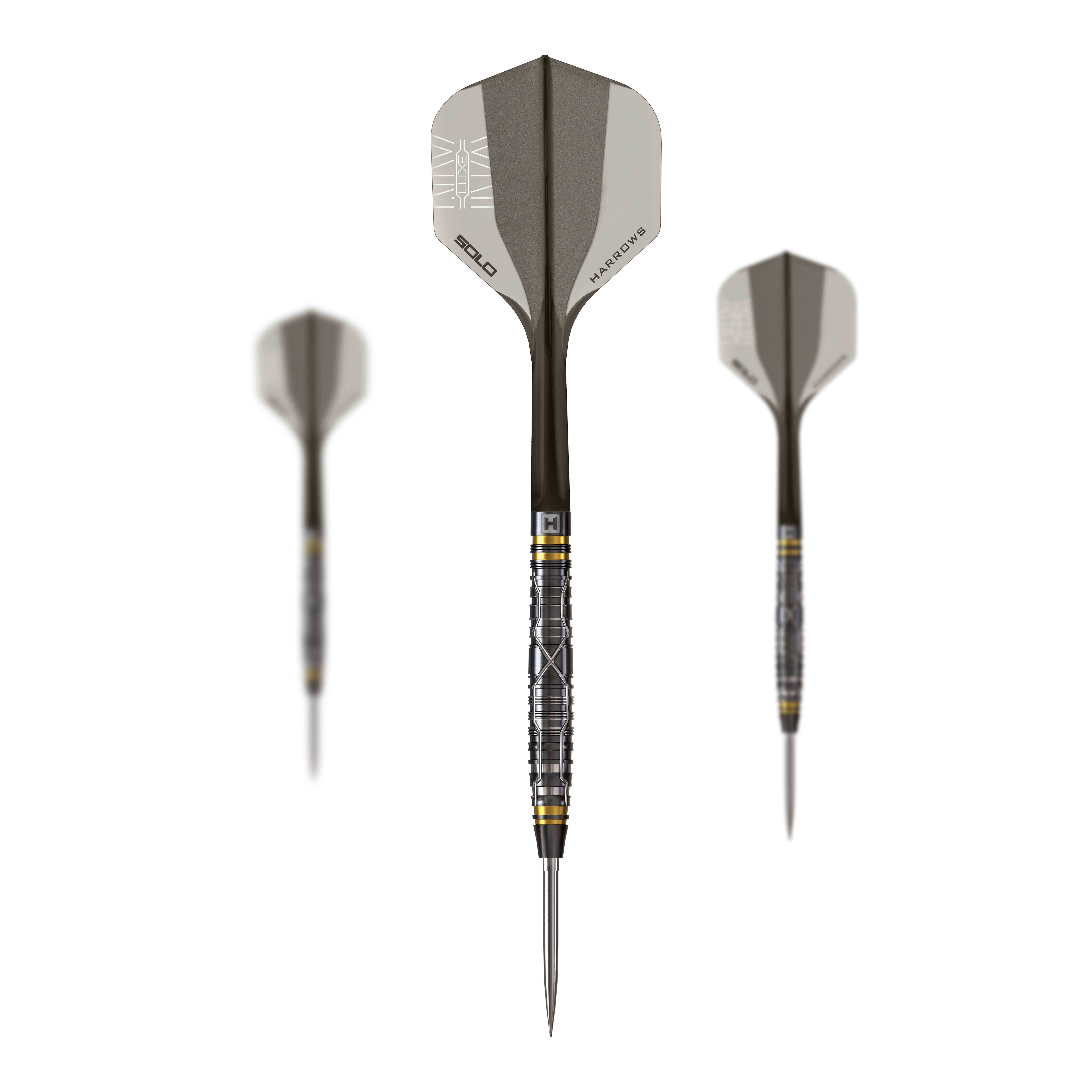 Ein Set aus Steeldartpfeilen in schlanker Ausführung liegt auf weißem Hintergrund. Die Pfeile sind gleichmäßig angeordnet.
