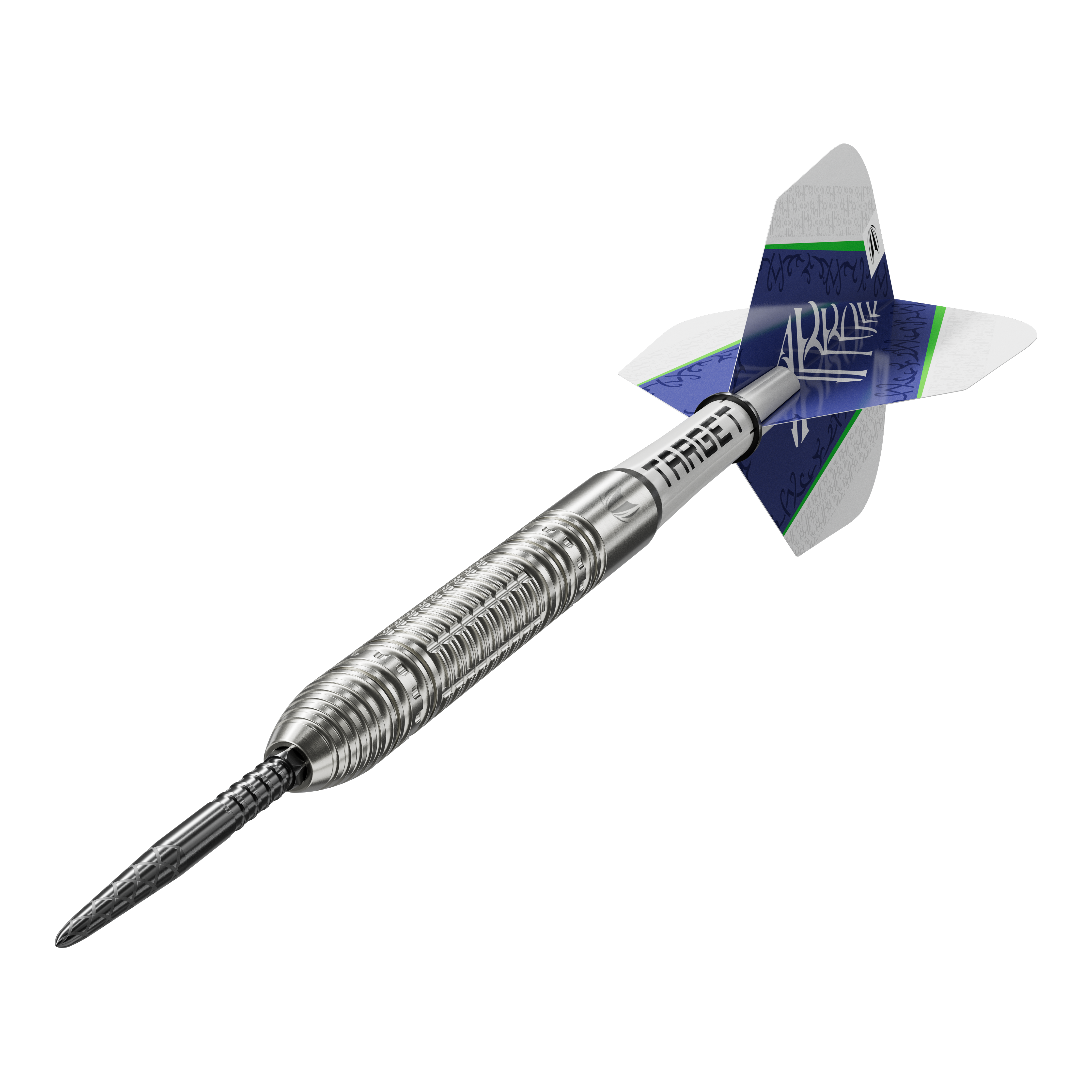Das Bild zeigt den Target Shane McGuirk GEN1 Swiss Point Steeldart mit einem Gewicht von 23g. Der Dart hat ein silbernes, geriffeltes Barrel und blaue Flights mit weiß-grünen Akzenten.
