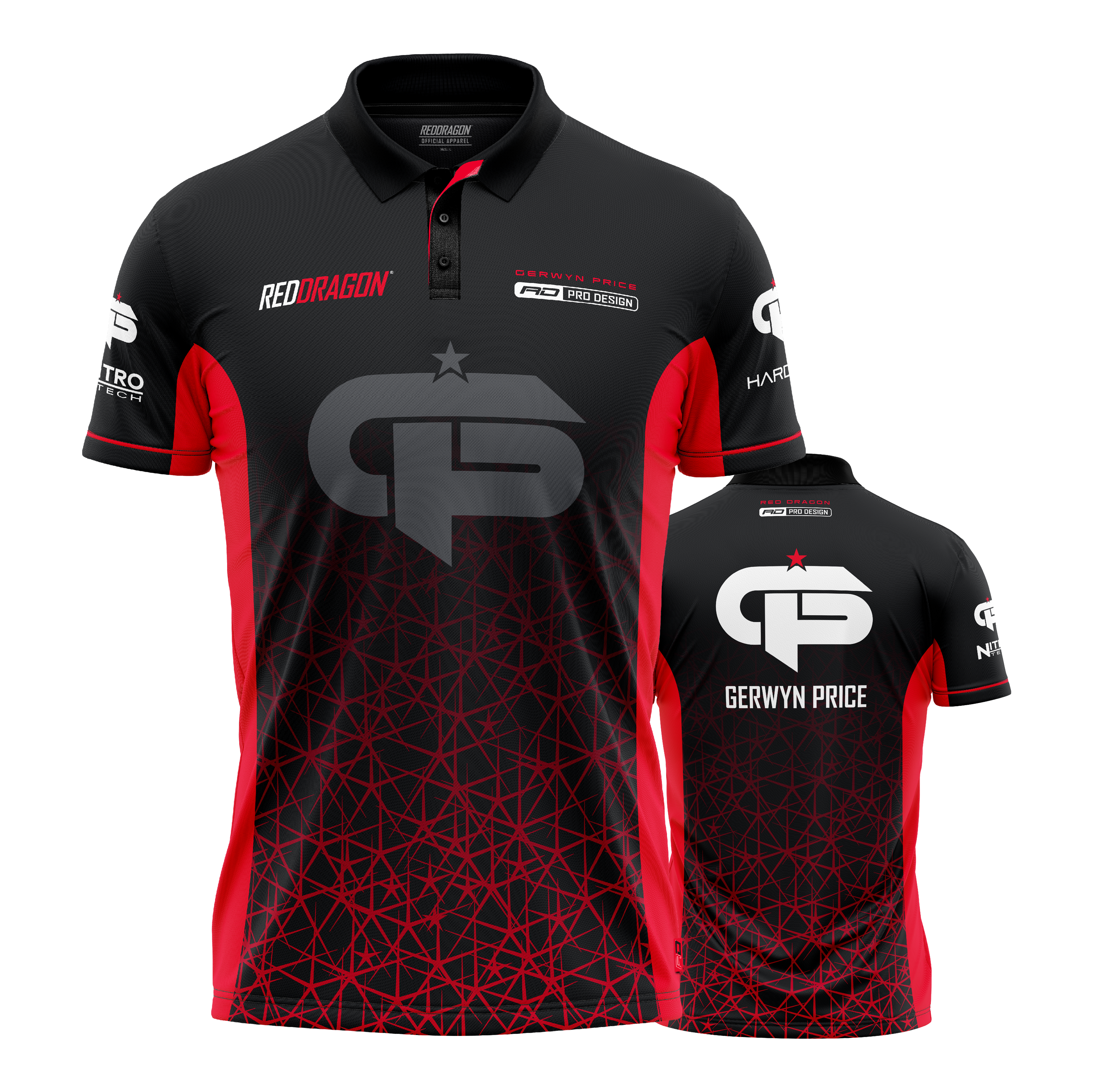 Red Dragon Gerwyn Price Red Tour Polo Dart Shirt Das Bild zeigt das "Red Dragon Gerwyn Price Red Tour Polo Dartshirt" in Schwarz mit roten Akzenten. Auf der Vorder- und Rückseite sind große weiße Logos und der Name "Gerwyn Price" zu sehen.