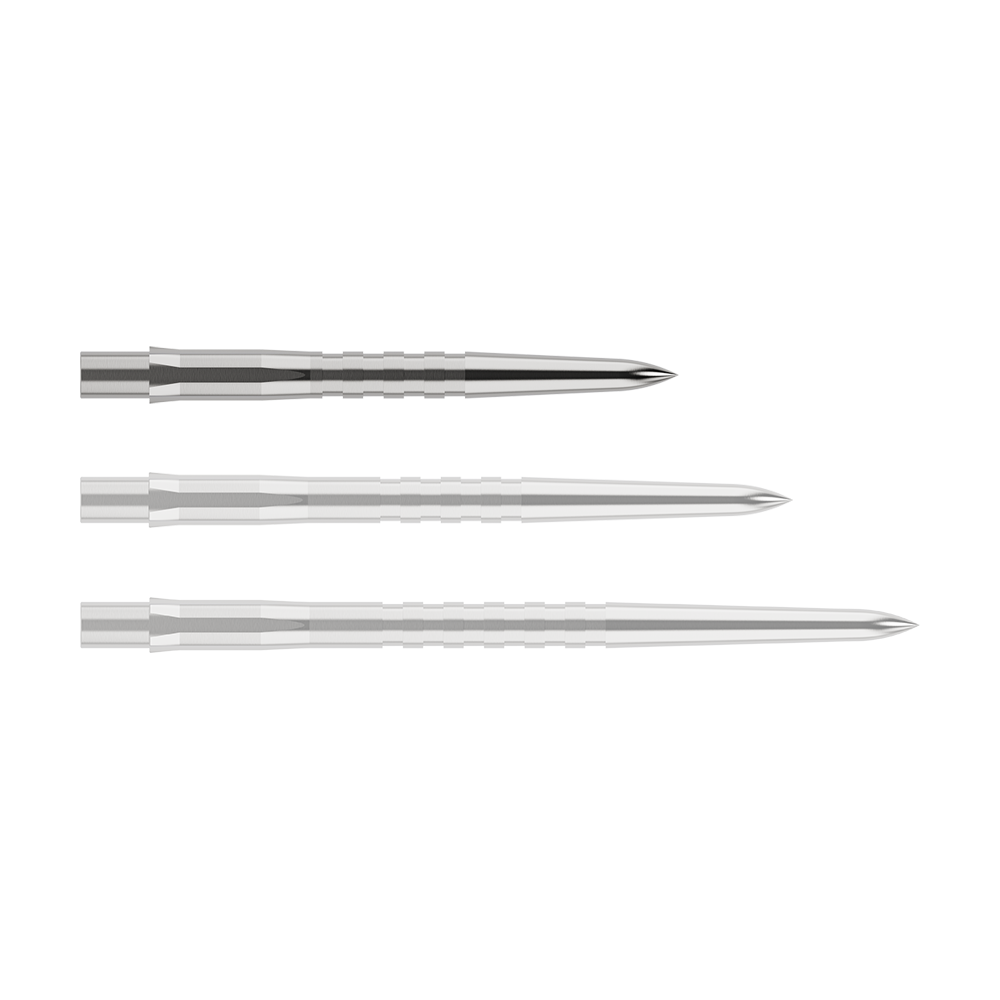 Špičky na šipky Mission Caliburn EVO - drážkované - stříbrné Das Bild zeigt drei silberne, gerillte Spitzen für Steeldarts in unterschiedlichen Längen. Sie sind nebeneinander auf einem weißen Hintergrund angeordnet.