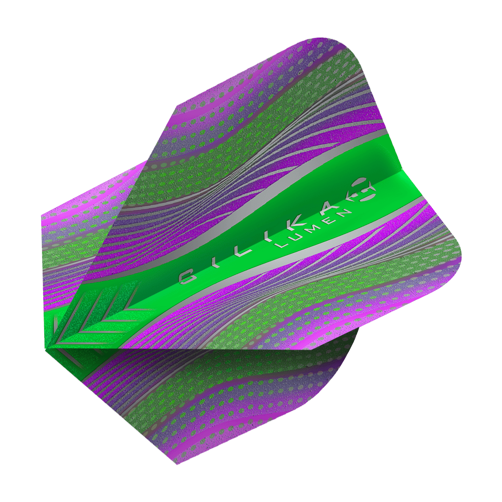 HF5125_Harrows_Silikia_Lumen_Purple_Green_No6_Flights_2 Dies ist ein Harrows Silika Lumen Purple Green No6 Flight. Das Flight ist grün und lila mit wellenförmigem, modernem Design.