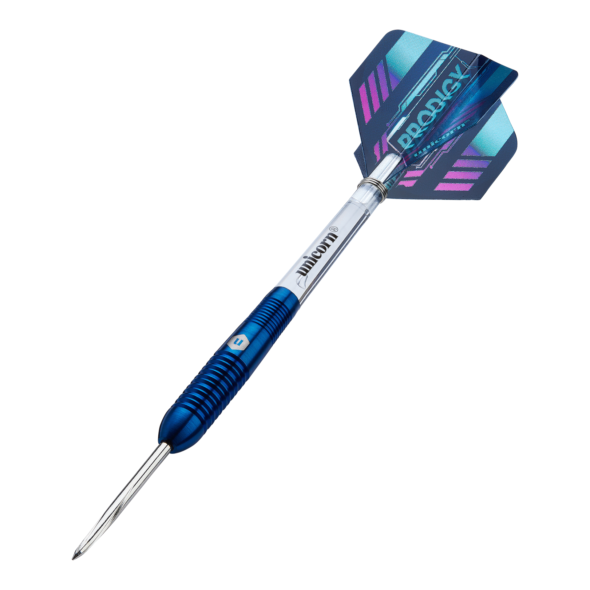 Das Bild zeigt einen Unicorn Prodigy 02 Torpedo Steeldart. Der Dartpfeil hat ein blaues und silbernes Design mit einer farbigen Flights-Feder am Ende.