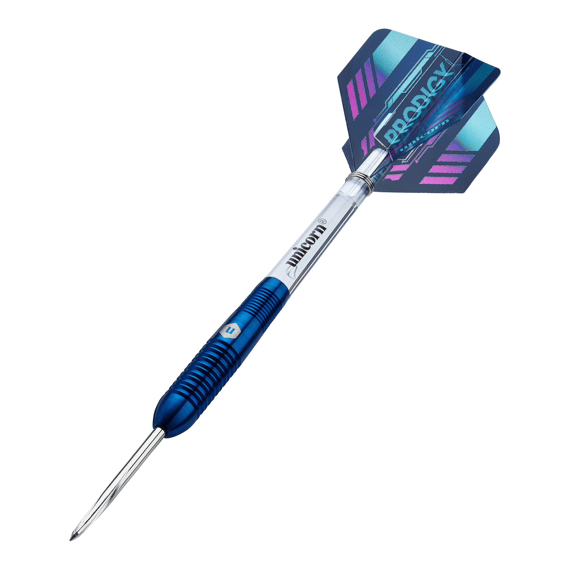 Šipky Unicorn Prodigy 02 Torpedo steel Das Bild zeigt einen Unicorn Prodigy 02 Torpedo Steeldart. Der Dartpfeil hat ein blaues und silbernes Design mit einer farbigen Flights-Feder am Ende.