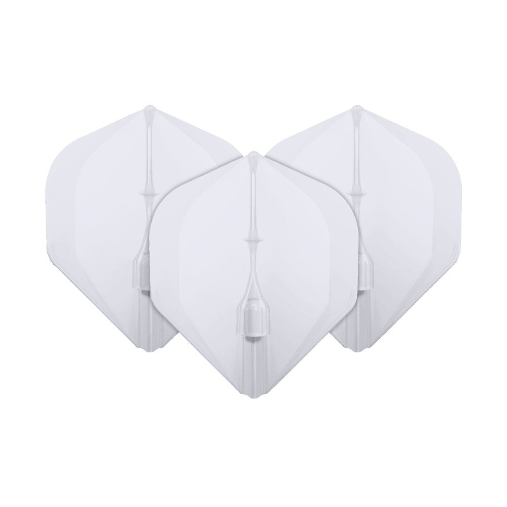 L-Style Champagne L1EZ Standard Flights Das Bild zeigt drei weiße L-Style Champagne L1EZ Standard Flights für Dartpfeile. Sie sind nebeneinander in einer Reihe angeordnet.