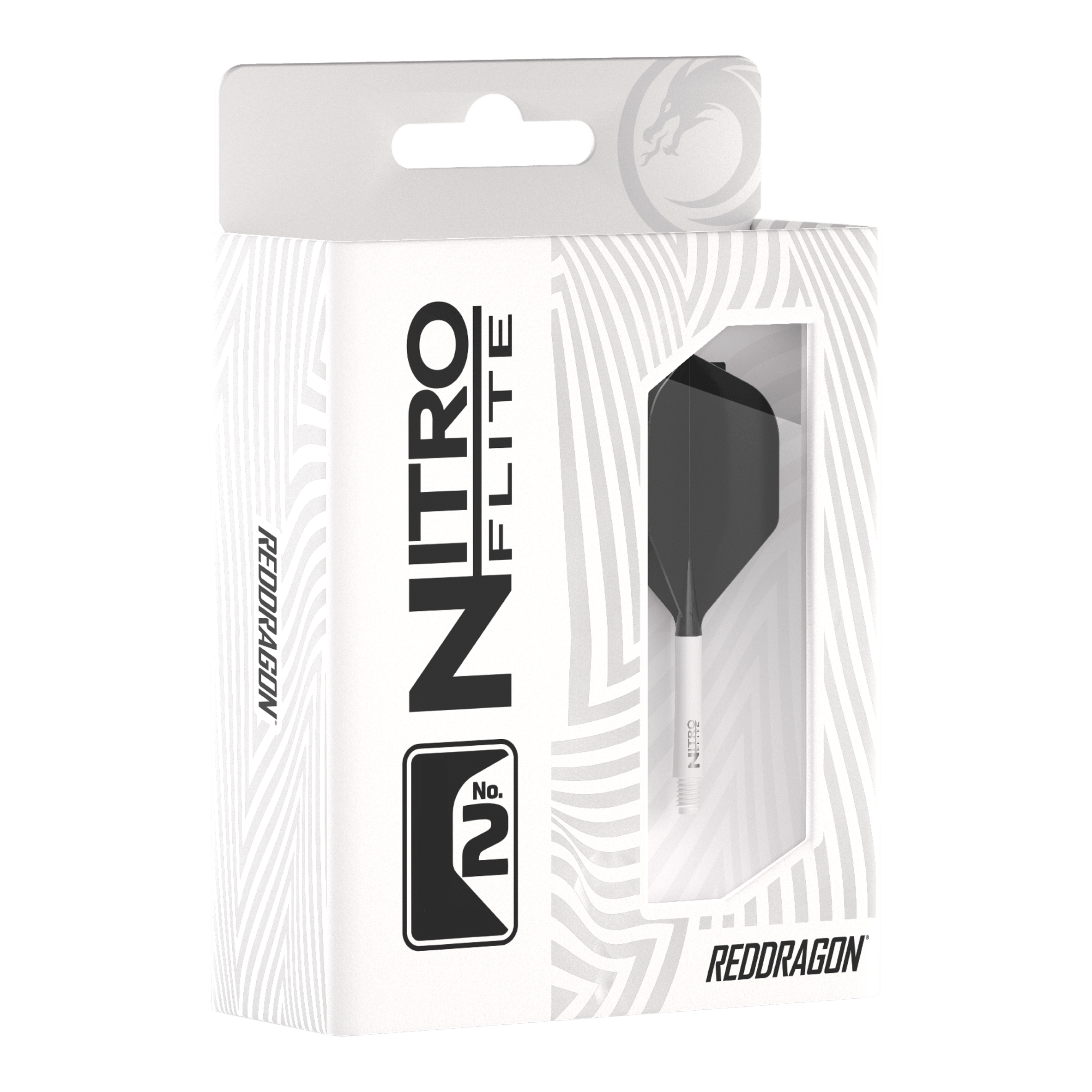 Red Dragon Nitroplte - White Shaft Black No2 Flights Die Abbildung zeigt die Produktverpackung des "Red Dragon Nitroflite" mit weißen Schäften und schwarzen No2 Flights. Die Packung ist überwiegend weiß gestaltet und hat ein Sichtfenster, durch das das Dart-Zubehör zu sehen ist.