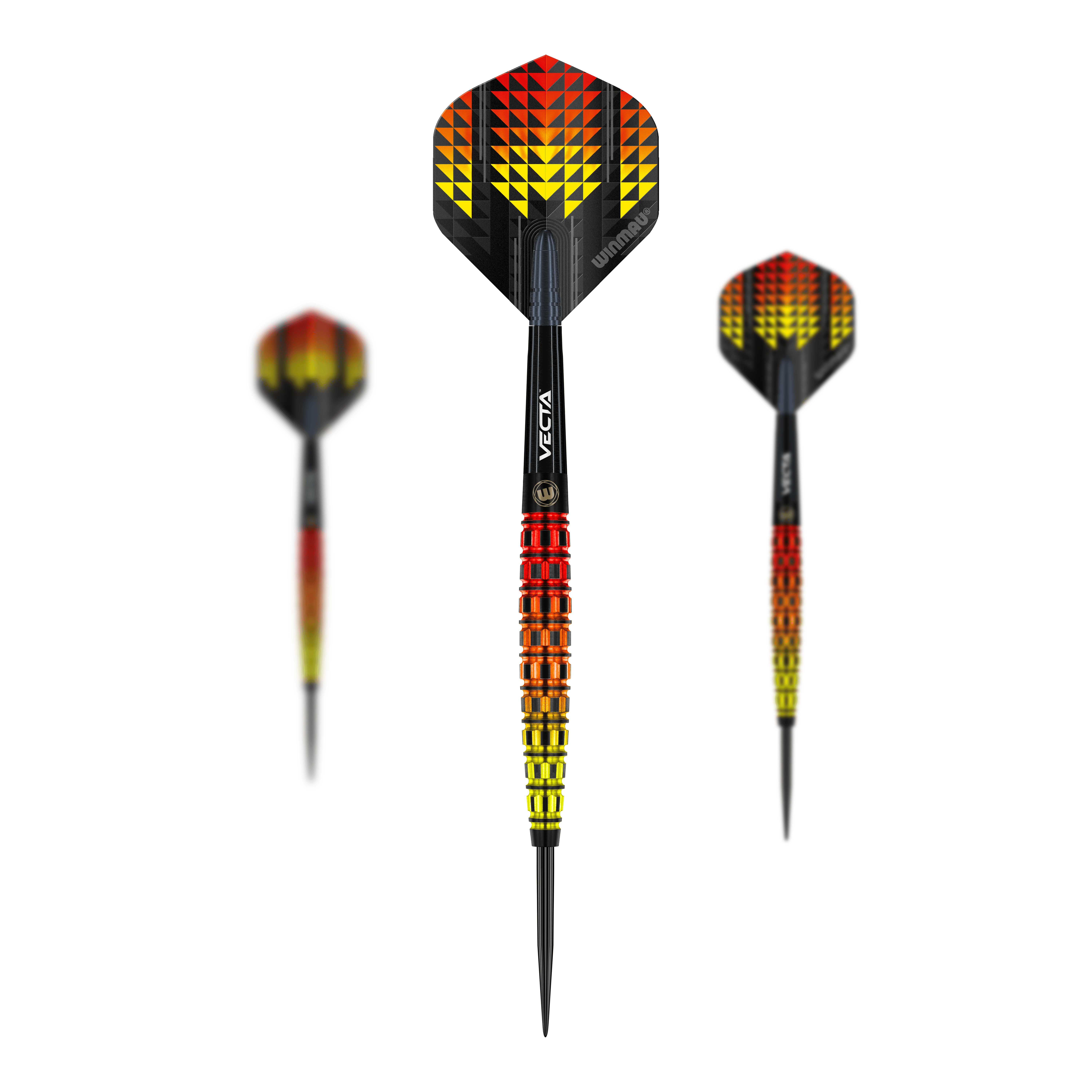 Winmau Firestorm Flame Tapered Steeldarts Die Abbildung zeigt die Winmau Firestorm Flame Tapered Steeldarts. Die Darts haben ein auffälliges Design in den Farben Gelb, Rot und Schwarz mit einem modernen, geometrischen Muster.