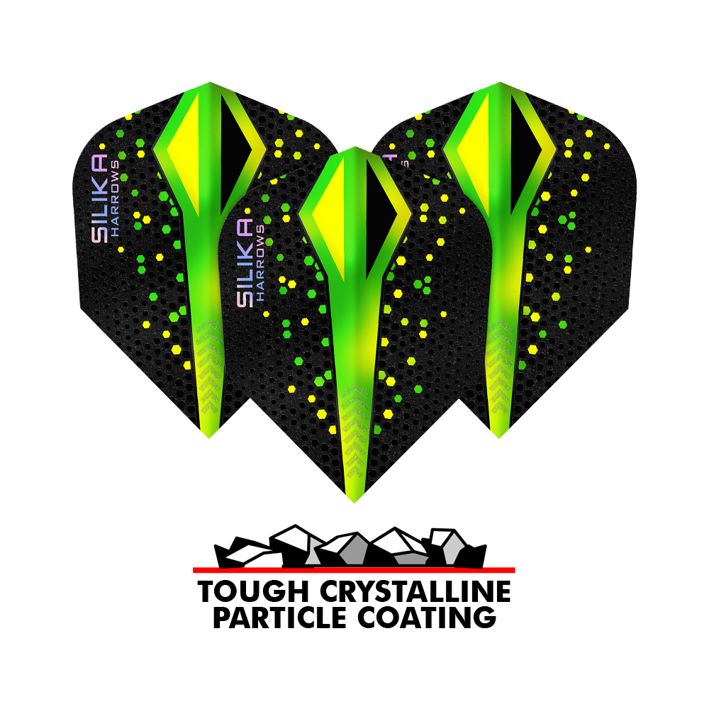 Harrows Silika Colourshift Tough Crystalline Coating Green No6 Flights Auf dem Bild ist ein Set der Harrows Silika Colourshift Tough Crystalline Coating No6 Flights. Die Flights haben ein auffälliges Design.