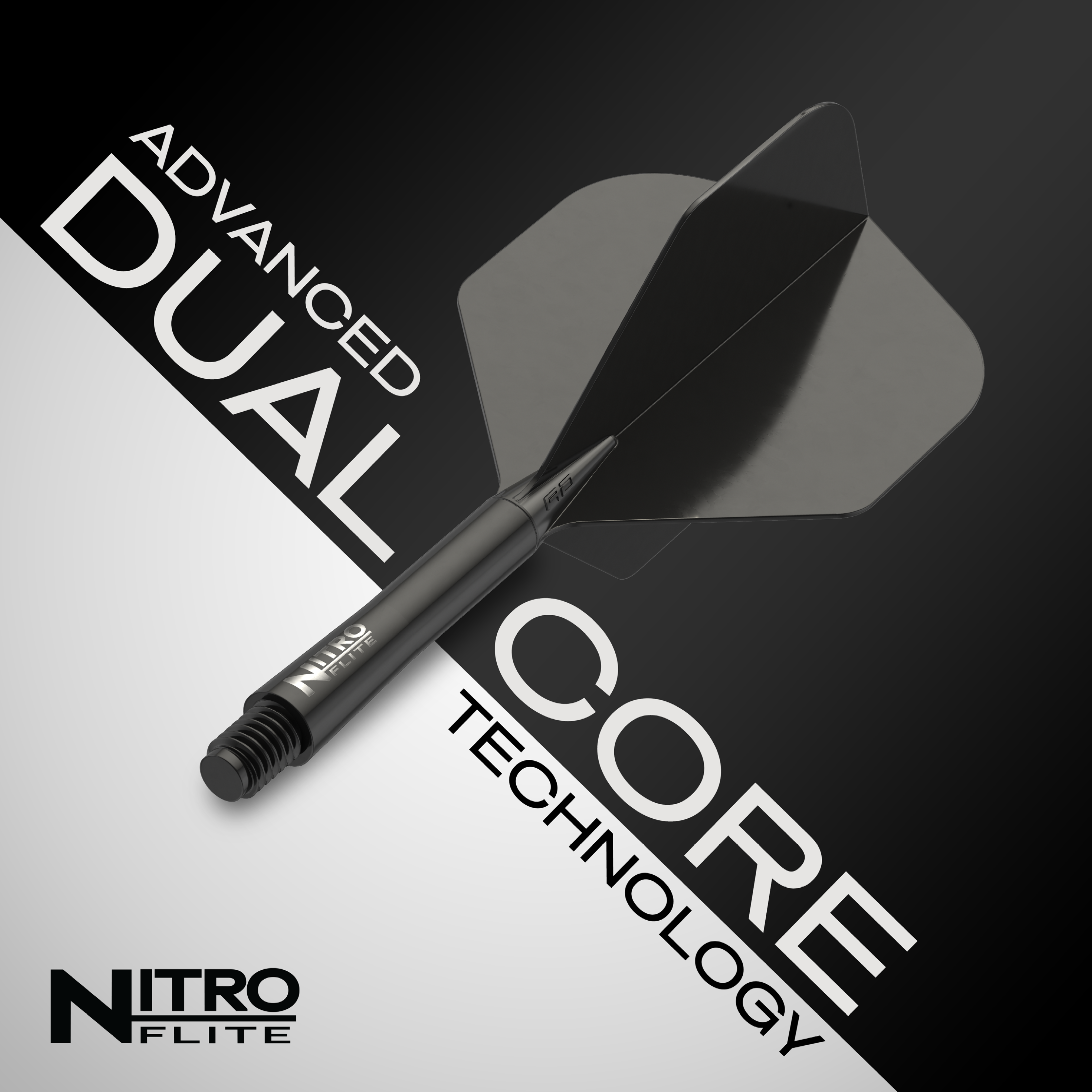 Das Bild zeigt das Produkt "Red Dragon Nitroflite - Black Shaft Black No2 Flights". Es hebt die fortschrittliche Dual-Core-Technologie hervor.