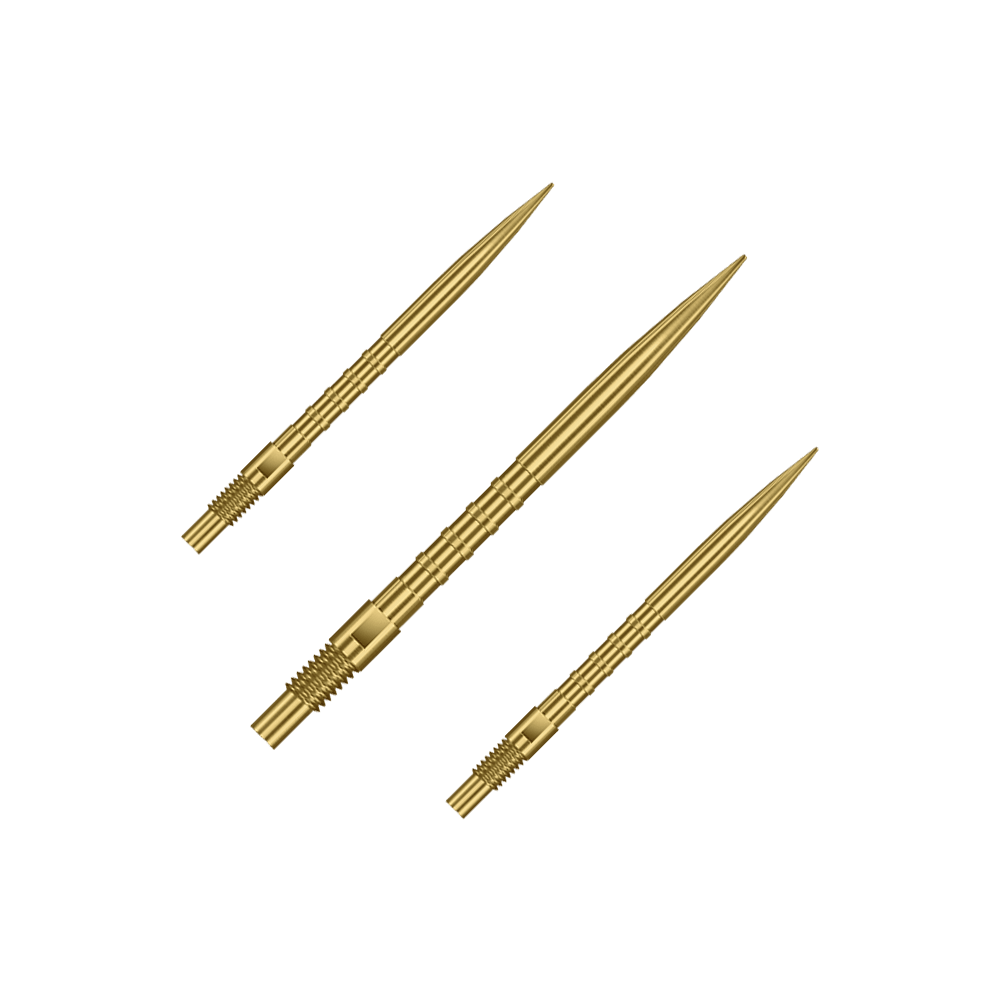 Špičky na šipky Harrows Quick Point Heavy Metal - zlaté Das Bild zeigt ein Set aus goldenen Dartspitzen mit 30mm Länge. Es sind Harrows Quick Point Heavy Metal Grip Dartspitzen Gold 30mm im Set.