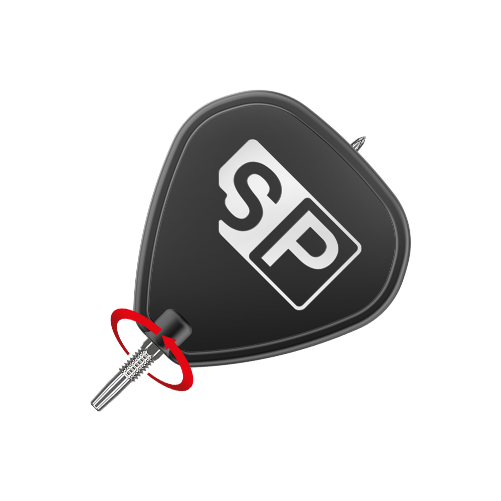 Šipkové hroty Target Swiss Point DX - Stříbrné Das Bild zeigt eine schwarze Dart-Flügel mit der weißen Aufschrift "SP". Am unteren Ende ist eine silberne Dartspitze angebracht, um die ein roter Pfeil eine Drehbewegung anzeigt.