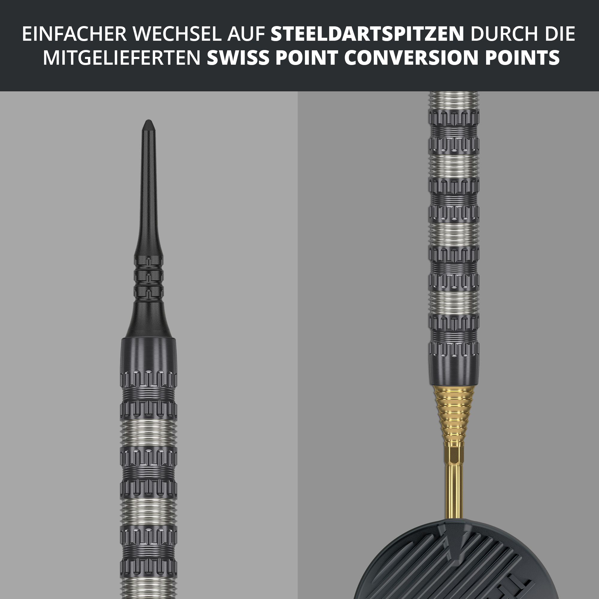 Šipky Target Rob Cross 95K Swiss Point Soft - 18g Das Bild zeigt den Target Rob Cross 95K Swiss Point Softdart mit 18g Gewicht. Es wird darauf hingewiesen, dass ein einfacher Wechsel auf Steeldartspitzen durch die mitgelieferten Swiss Point Conversion Points möglich ist.