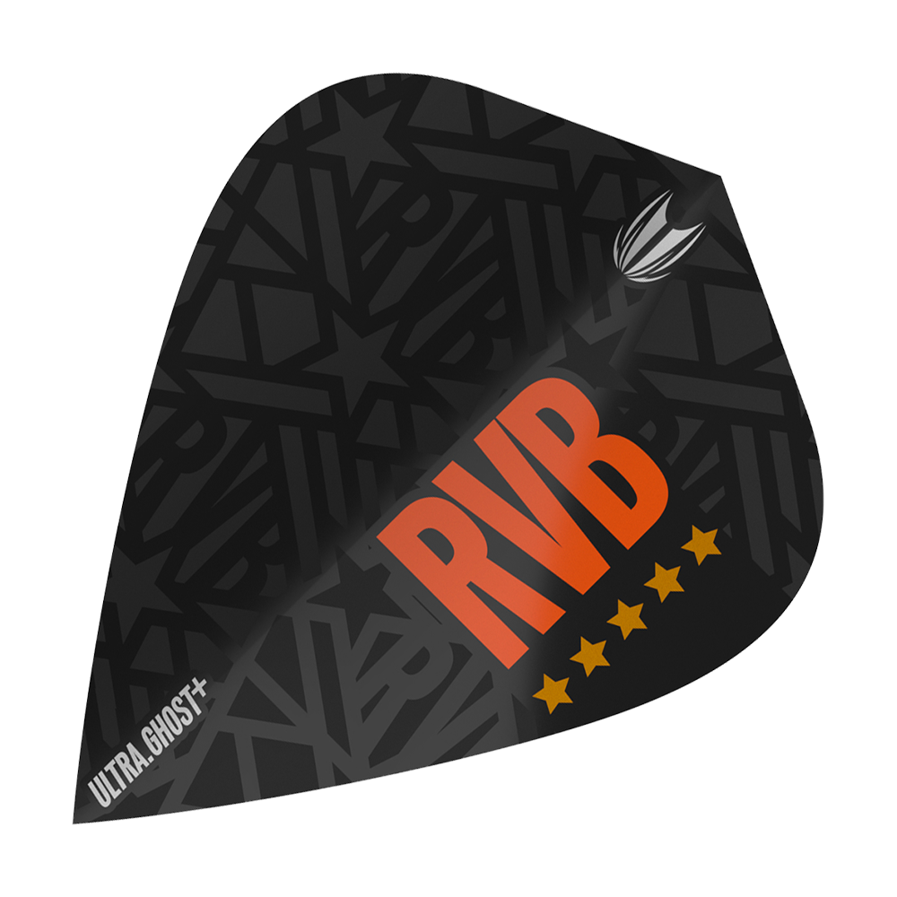 Dies ist ein Target UltraGhost Raymond Van Barneveld GEN2 Kite Flight. Das Flight ist schwarz mit großen orangen Buchstaben "RVB" und fünf gelben Sternen gestaltet.