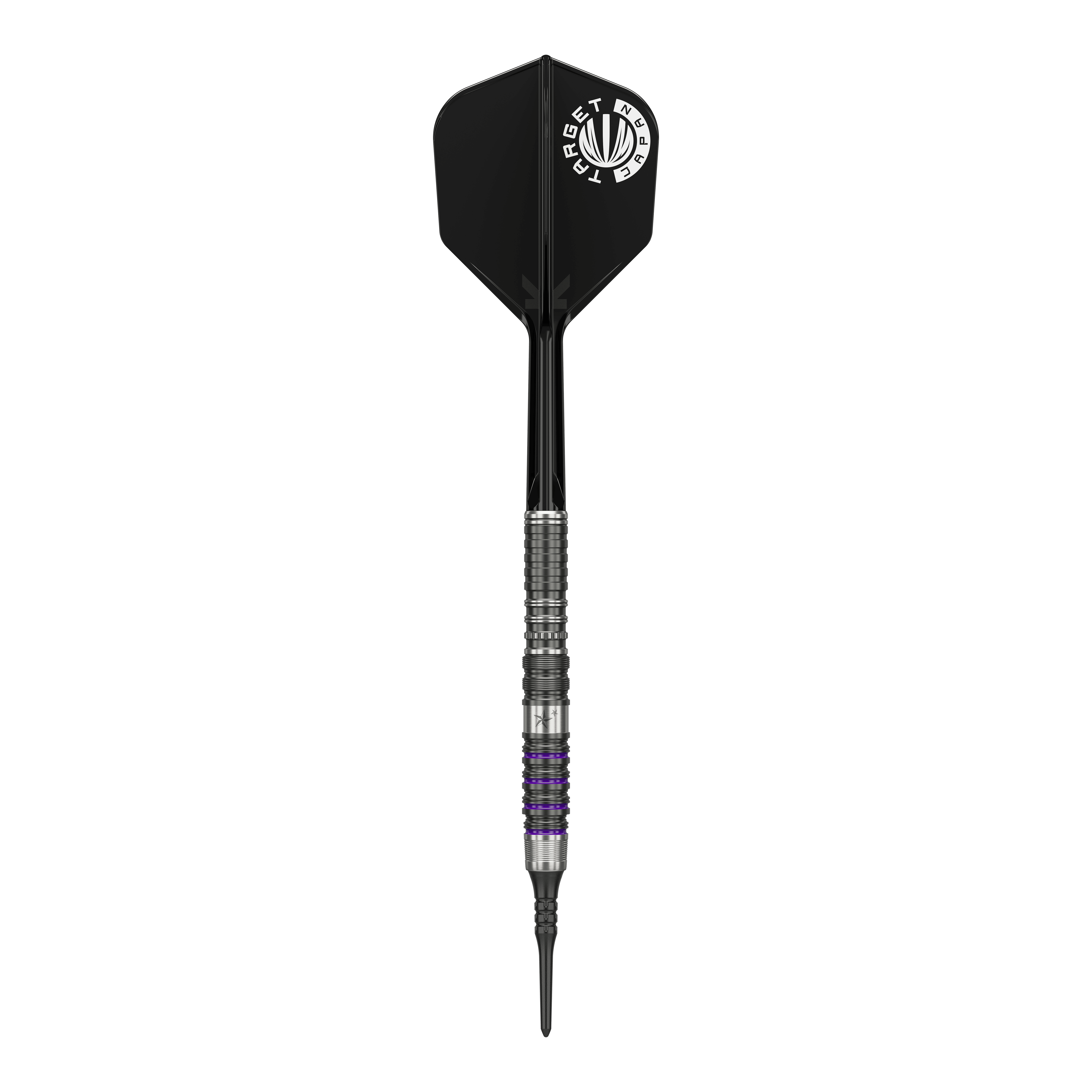 Das Bild zeigt einen Softdart aus der Target Japan Prime Series, Modell Yuta Hayashi Sirius GEN3 MAX mit einem Gewicht von 21,5g. Der Dart hat ein silbernes Griffstück mit schwarzen und lila Akzenten sowie eine schwarze Flight mit weißem Aufdruck.