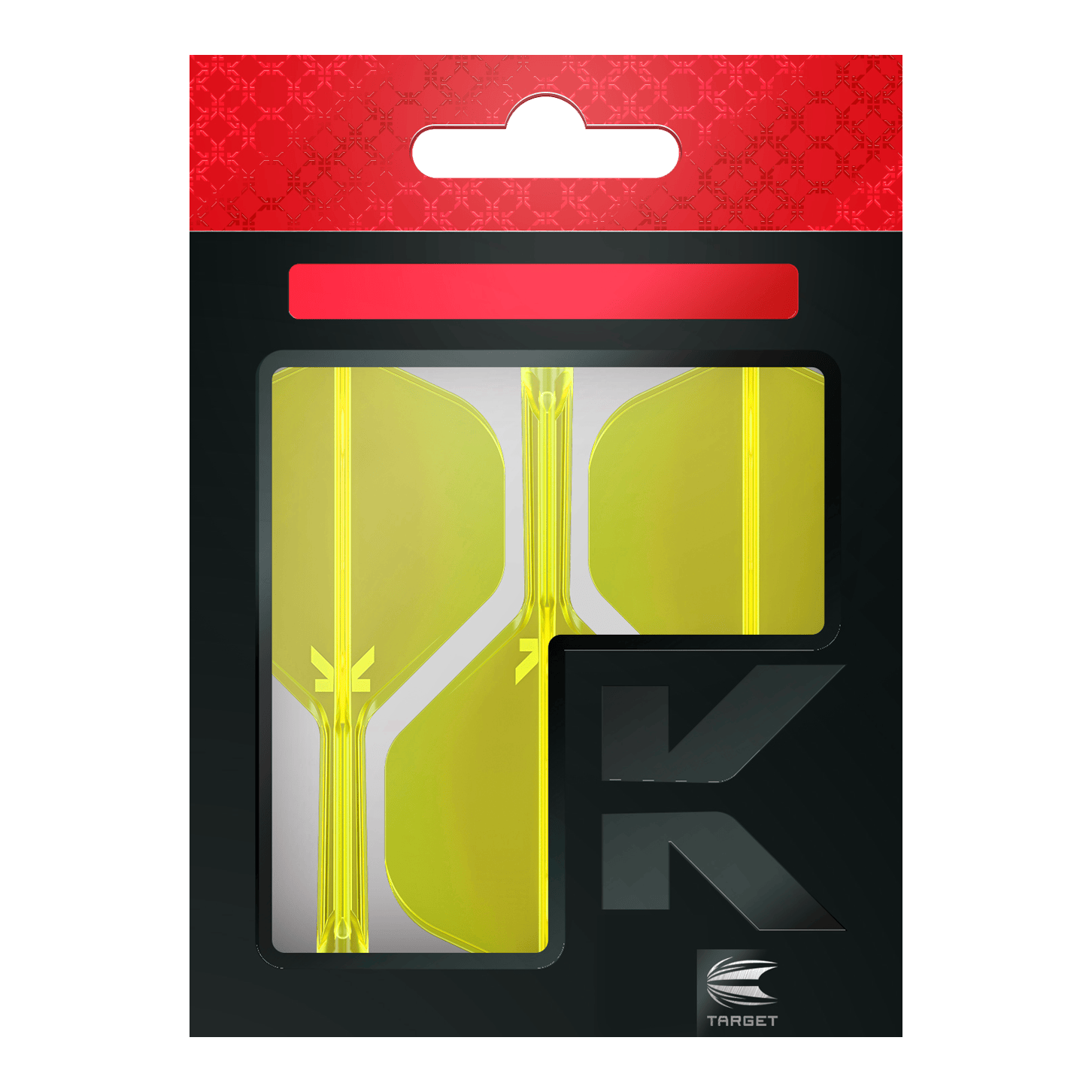 Standardní letový systém Target K-Flex No2 - neonově žlutý Das Bild zeigt eine Packung mit neon-gelben Dart-Flights der Marke Target. Die Verpackung ist überwiegend schwarz mit einem auffälligen roten Bereich am oberen Rand.