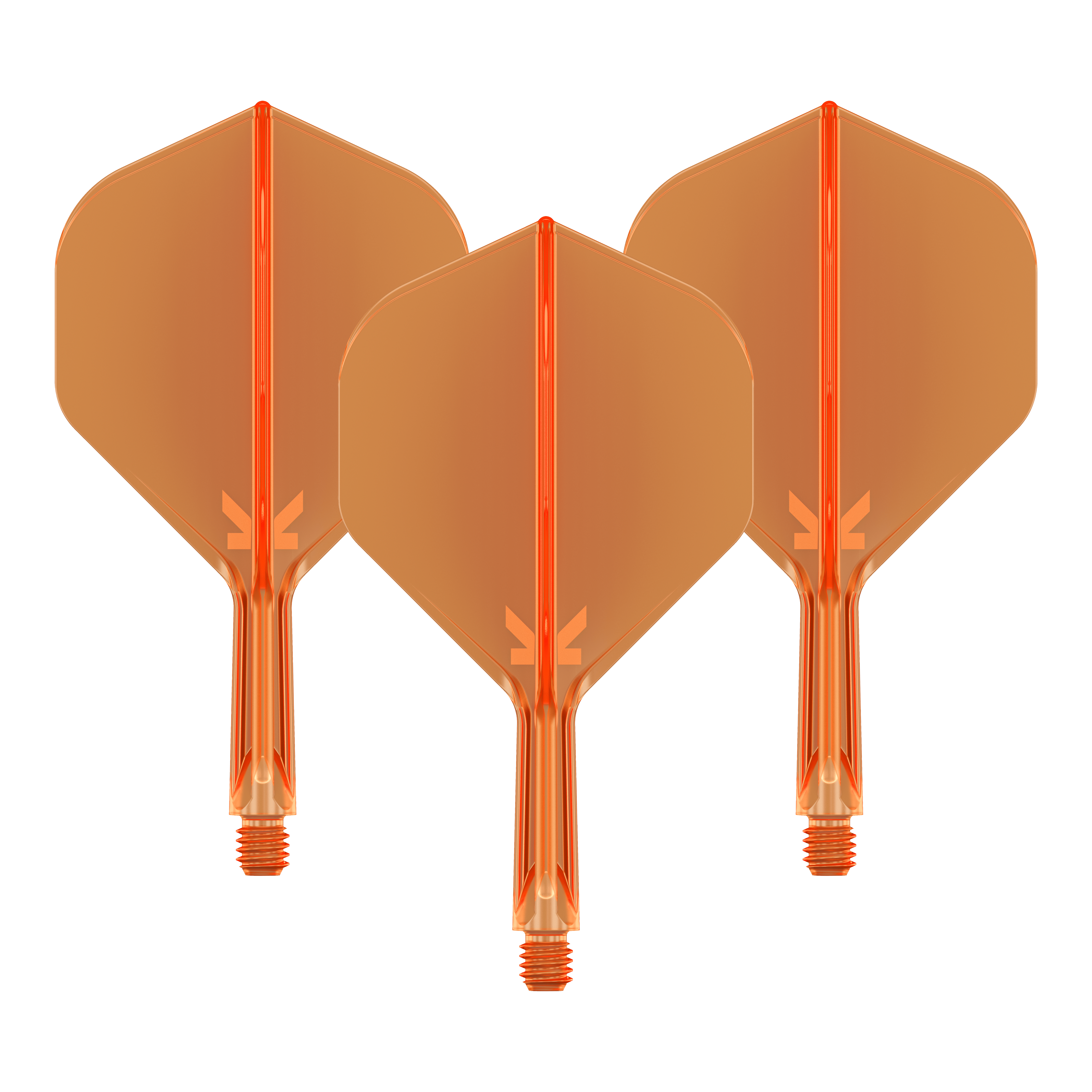 Das Bild zeigt drei neonorange Dartflights mit Shafts. Sie sind in einer Reihe nebeneinander angeordnet und haben eine transparente Optik.