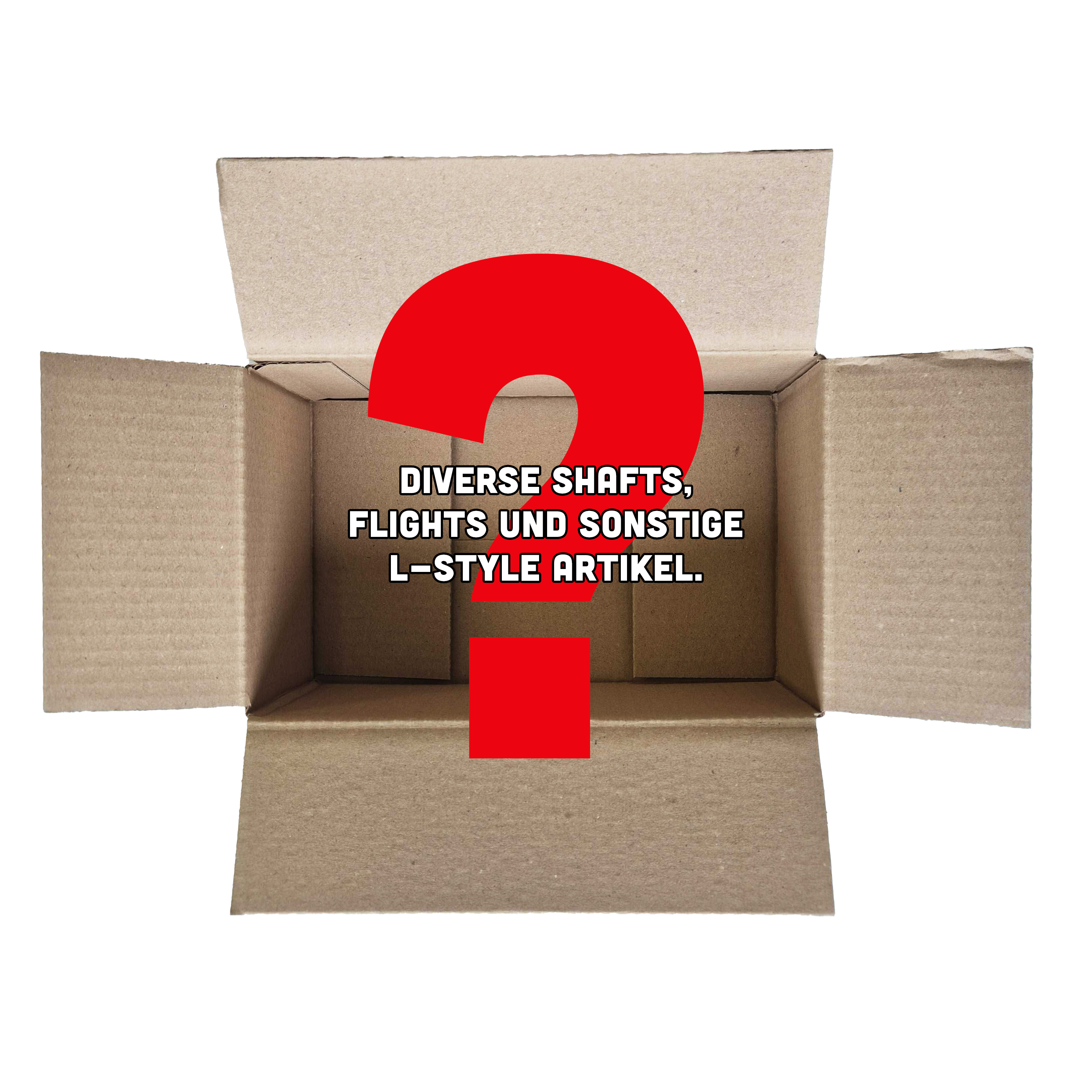 McDart Mystery Box – styl L Das Bild zeigt einen offenen Karton mit einem großen roten Fragezeichen darin. In der Mitte steht der Text: "Diverse Shafts, Flights und sonstige L-Style Artikel."