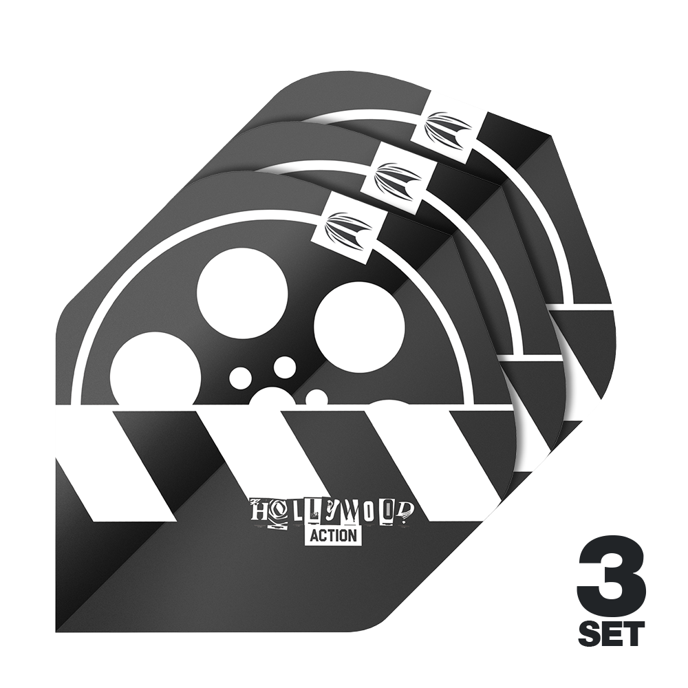 Target Pro Ultra Chris Dobey Hollywood Action No2 Standardní letky - 3 sady Das Bild zeigt drei Sätze Target Pro Ultra Chris Dobey Hollywood Action No2 Standard Flights für Dartpfeile. Das Design ist schwarz-weiß mit einem Filmrollen- und Klappenmotiv sowie der Aufschrift "Hollywood Action".
