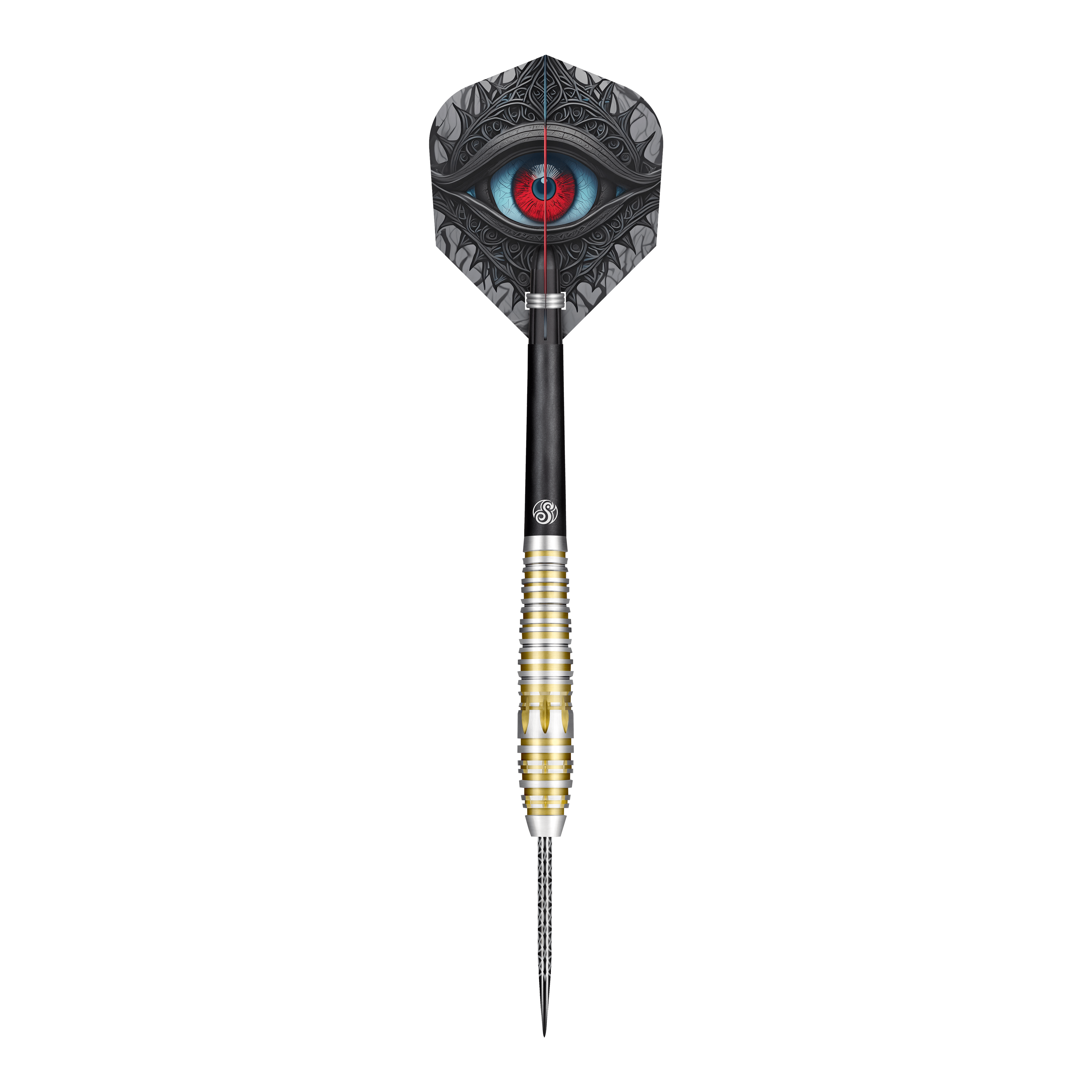 Střelené keltské Balorské ocelové šipky Dieses Bild zeigt einen Steeldartpfeil des Produkts "Shot Celt Balor Steeldarts". Auf dem Flight ist ein auffälliges Auge in blauen und roten Farbtönen abgebildet.