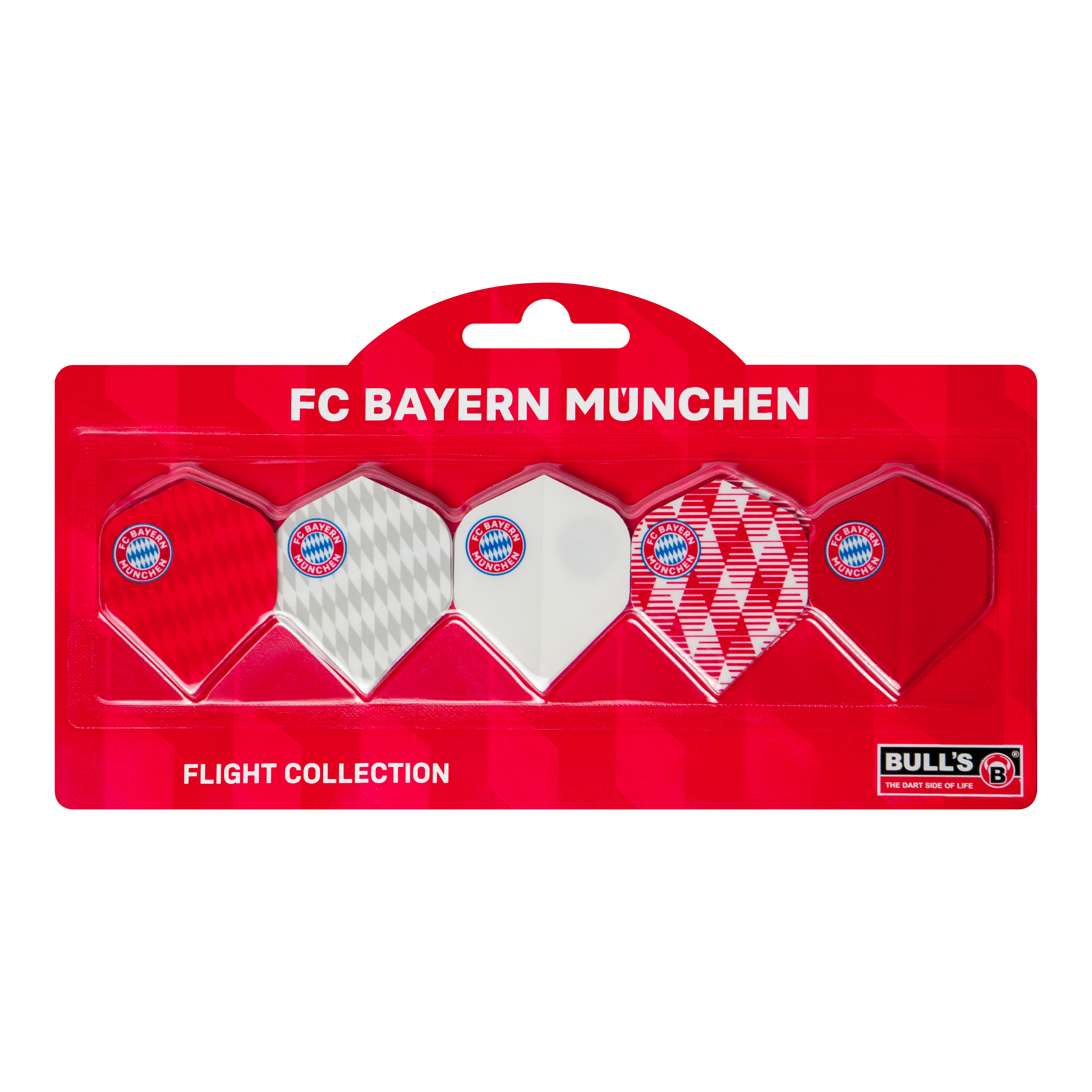 Kolekce letů Bulls FC Bayern Mnichov - 5 sad Abgebildet ist die Bulls FC Bayern München Flight Collection - 5 Satz. Die Flights sind speziell für Darts im FC Bayern München-Design.