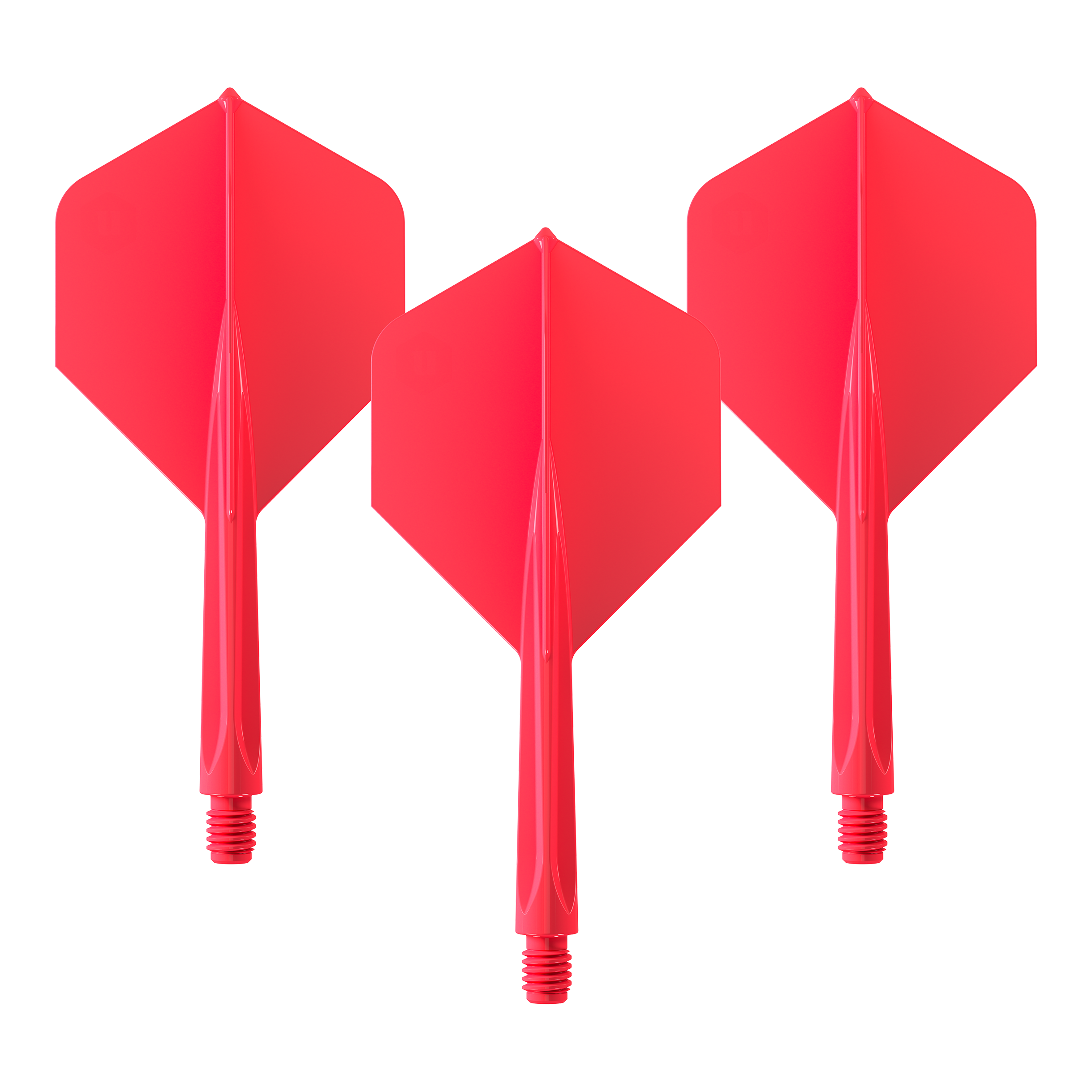 Das Bild zeigt drei rote Dartflights mit integriertem Schaft. Es handelt sich um das Produkt "Unicorn Forge All In One Plus No2 Standard Flights Rot - Medium".