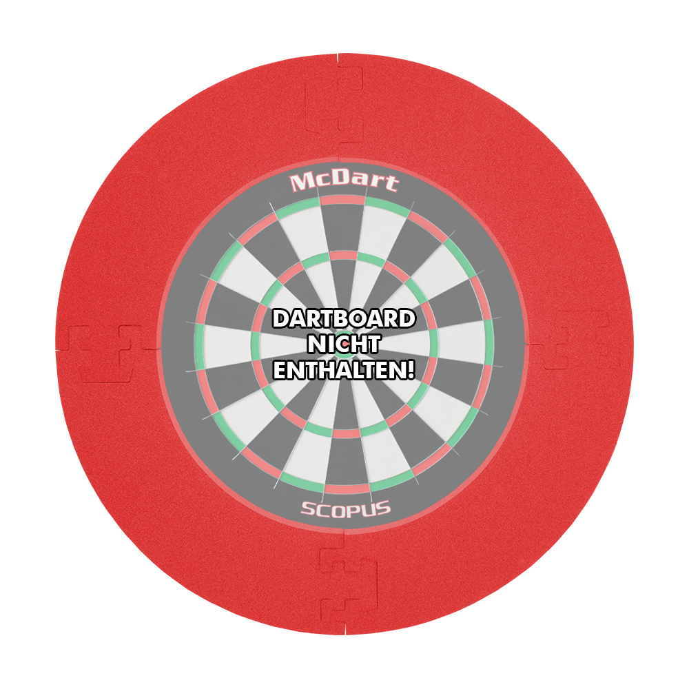 DBSrot2020_McDart_Catchring_Premium_Made_in_Germany_Edition_2020_Rot_1 Das Bild zeigt den McDart Catchring Premium Rot - Made in Germany Edition. In der Mitte steht, dass das Dartboard nicht enthalten ist.
