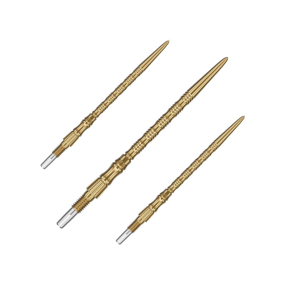 Das Bild zeigt ein Set goldener Dartspitzen mit 42mm Länge. Die Spitzen sind Target SwissPoint Signature TRB Dartspitzen.