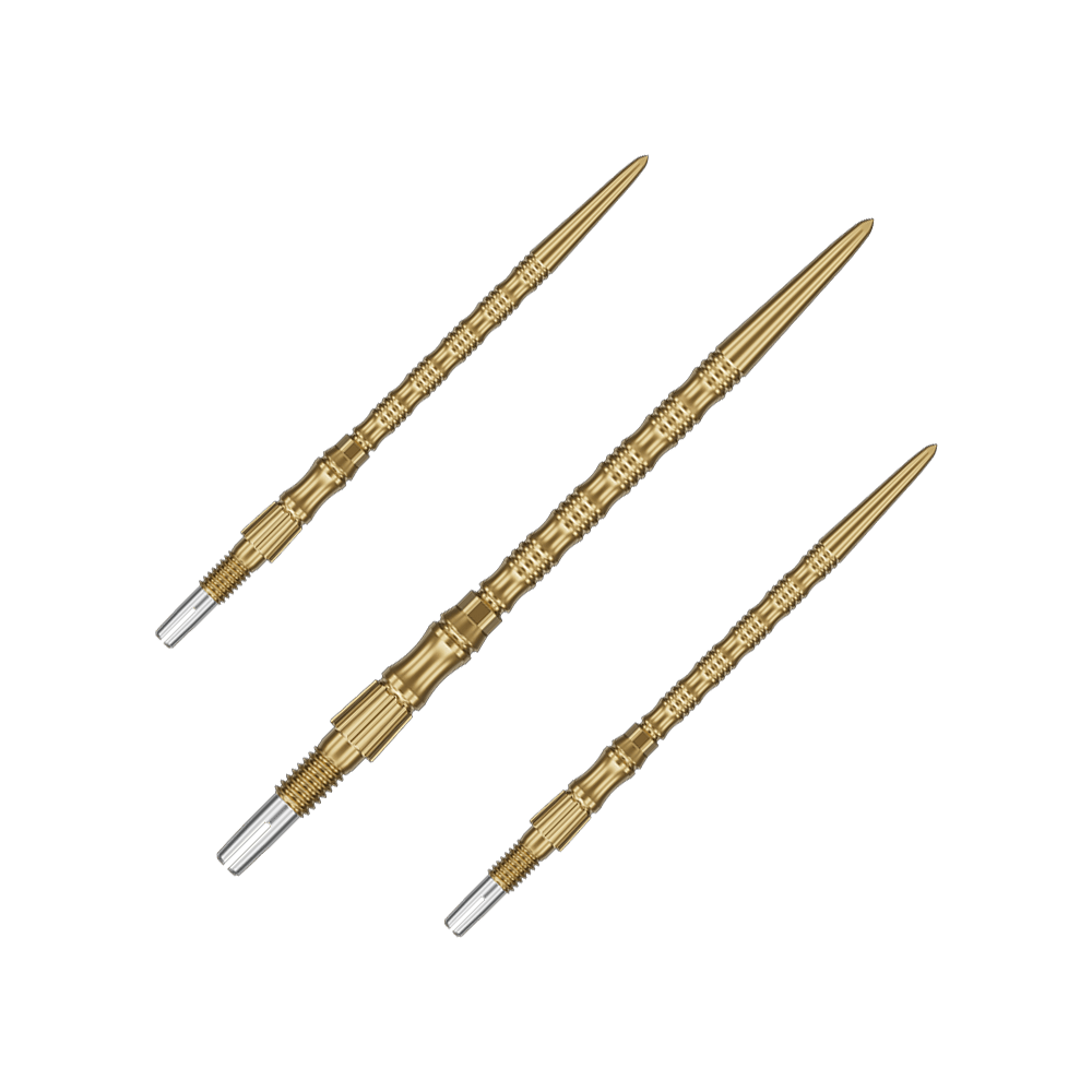 Ocelové hroty na šipky Target Signature Swiss Point TRB - zlaté Das Bild zeigt ein Set goldener Dartspitzen mit 42mm Länge. Die Spitzen sind Target SwissPoint Signature TRB Dartspitzen.
