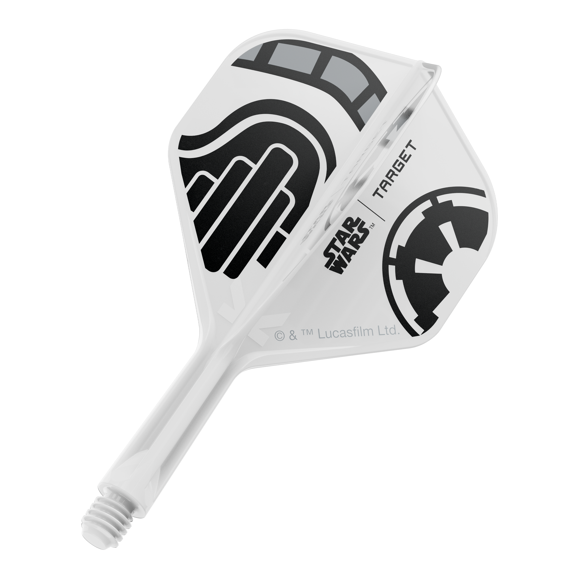 Standardní letky Target Star Wars K-Flex Stormtrooper No2 Das Bild zeigt einen kurzen Dartflügel mit dem Dateinamen 'Stormtrooper No2 Standard Flights Short 19mm 1'. Das Design ist inspiriert von der Star Wars Stormtrooper Optik.