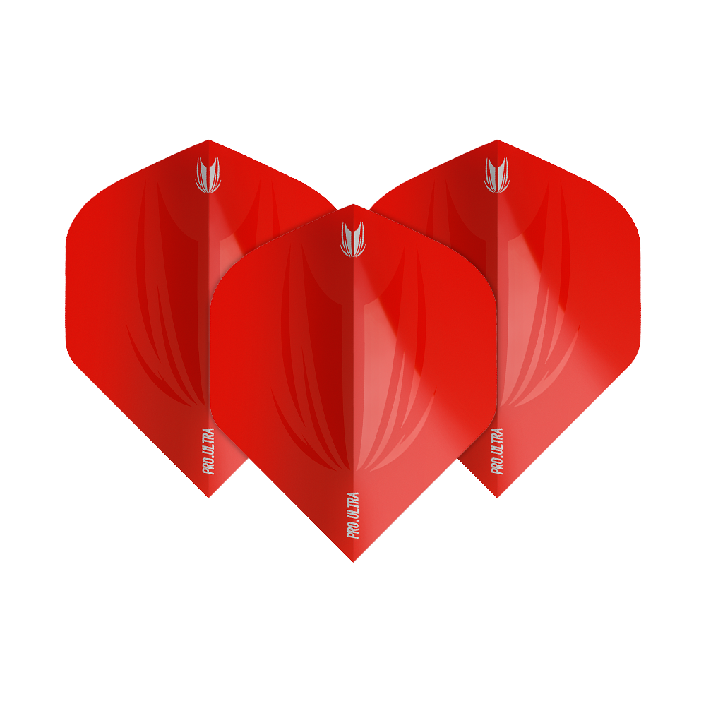 TG424_Target_ProUltra_ID_Red_No2_Standard_Flights_1uPGV1acxXimQQ Das Bild zeigt drei rote Dart Flights mit dem Namen "Target ProUltra ID Red No2 Standard Flights". Sie haben ein glänzendes Design und das Logo sowie die Aufschrift "Pro Ultra" sind aufgedruckt.