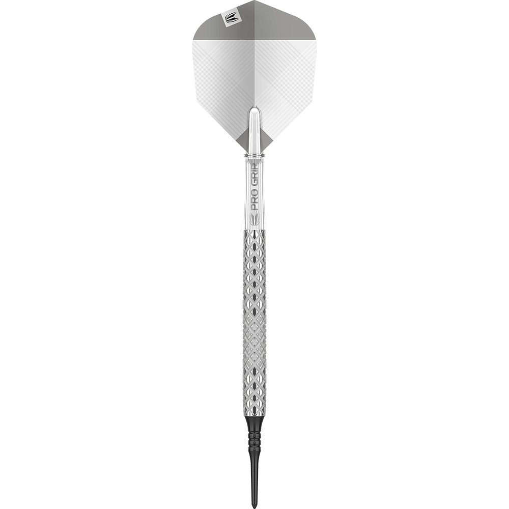 Šipky Target Nastri 11 měkké Das Bild zeigt einen Target Nastri 11 Softdart. Der Dartpfeil hat ein silbernes Design mit einer strukturierten Griffzone und einer schwarzen Kunststoffspitze.