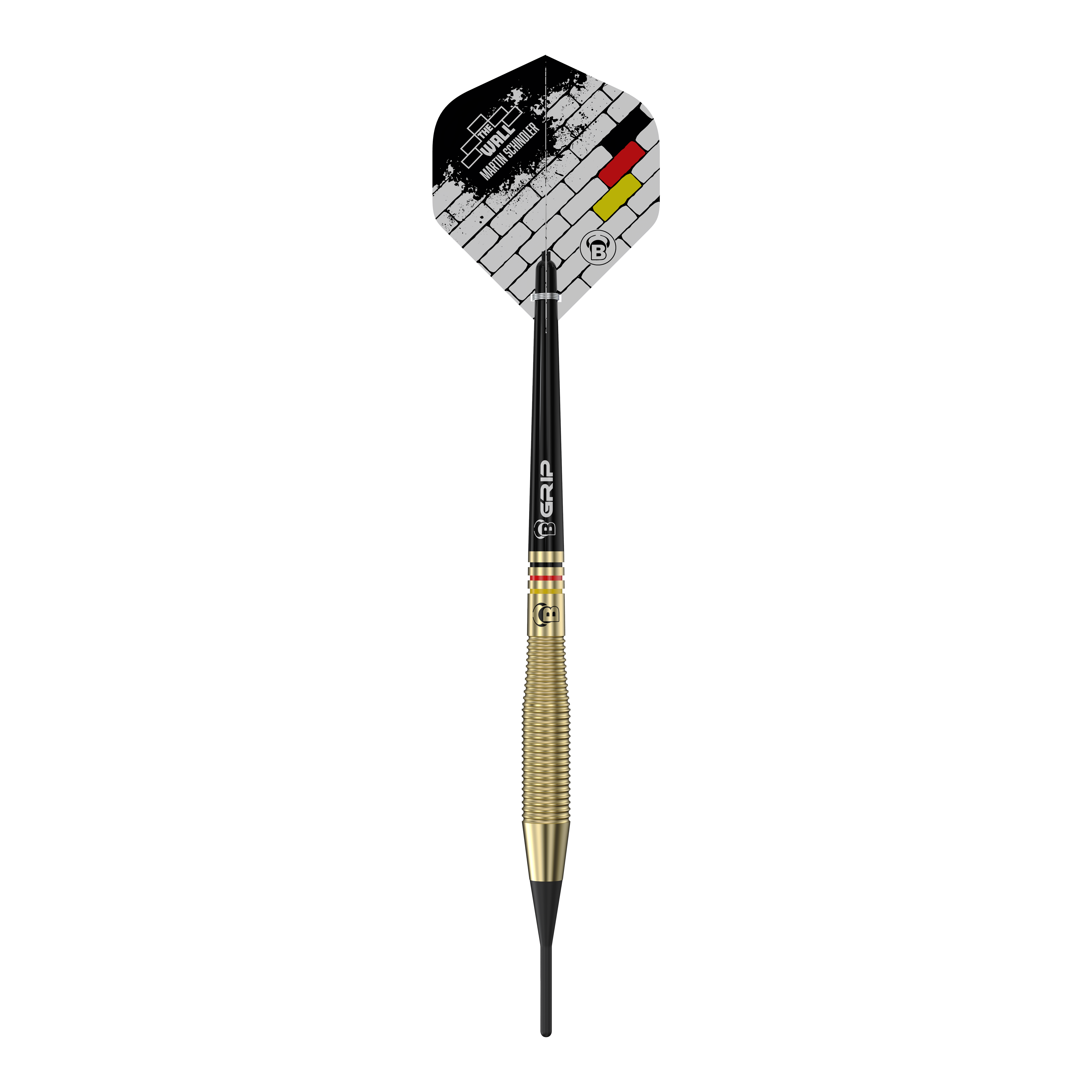 Šipky Bulls Martin Schindler The Wall Brass Softdarts - 18g Auf dem Bild ist der Softdart "Bulls Martin Schindler The Wall Brass Softdarts - 18g" zu sehen. Der Dart hat eine goldfarbene Griffzone und ein Flight-Design mit Mauer- und Deutschlandfarben.