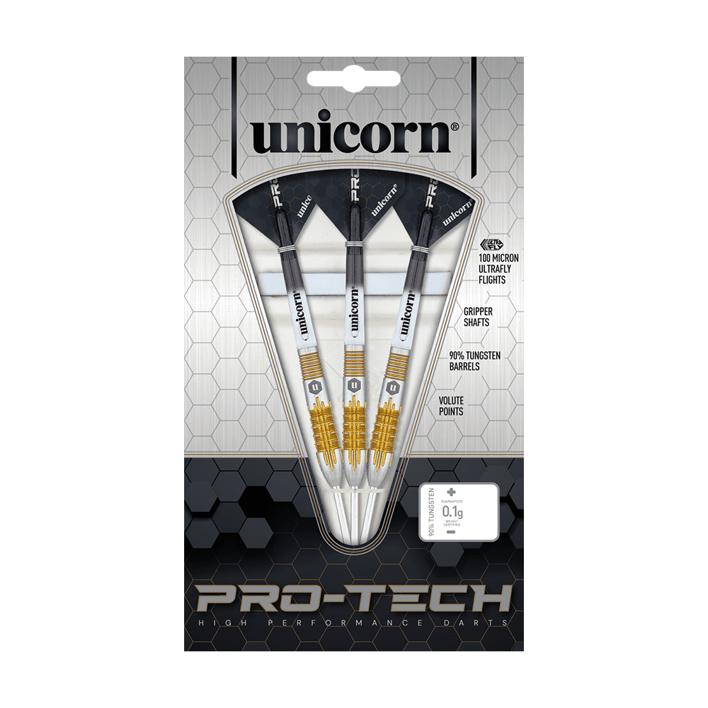 27706_Unicorn_Pro-Tech_Style1_Steeldarts_3 Auf dem Bild ist eine Verpackung mit drei Steeldarts der Marke Unicorn zu sehen. Die Darts sind Teil der Pro-Tech-Serie und bestehen aus 90% Wolfram.