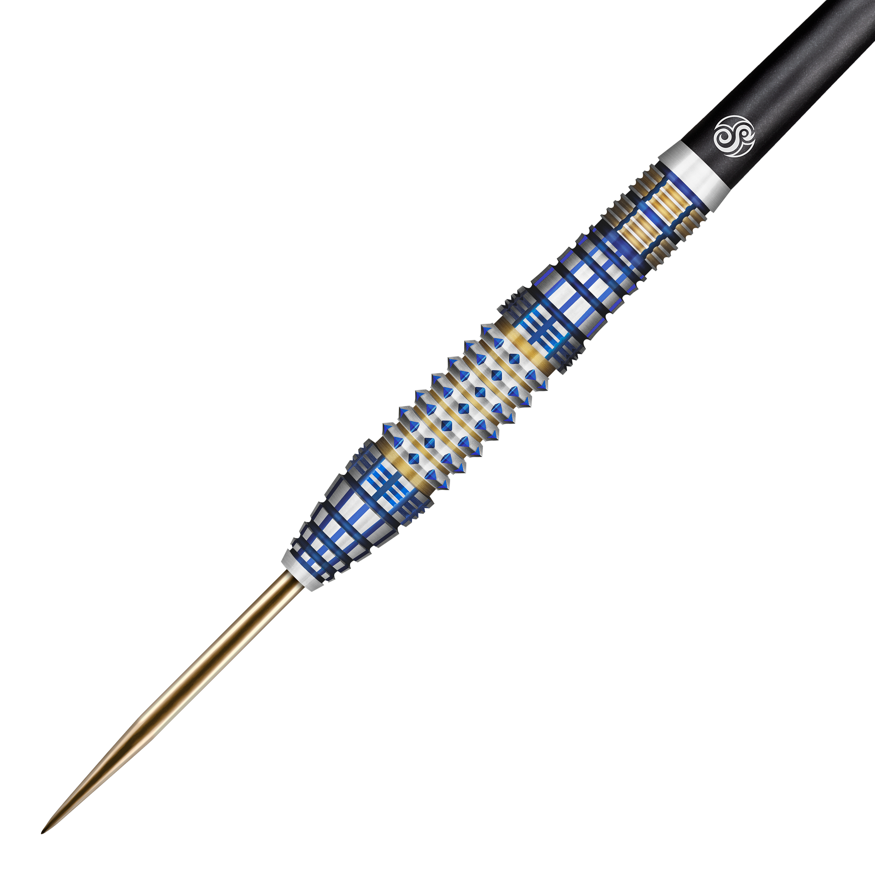 Das Bild zeigt den Shot Future Knights Darkstar Steeldart mit einem Gewicht von 23 Gramm. Der Dart hat ein auffälliges Design mit goldenen, blauen und silbernen Akzenten.