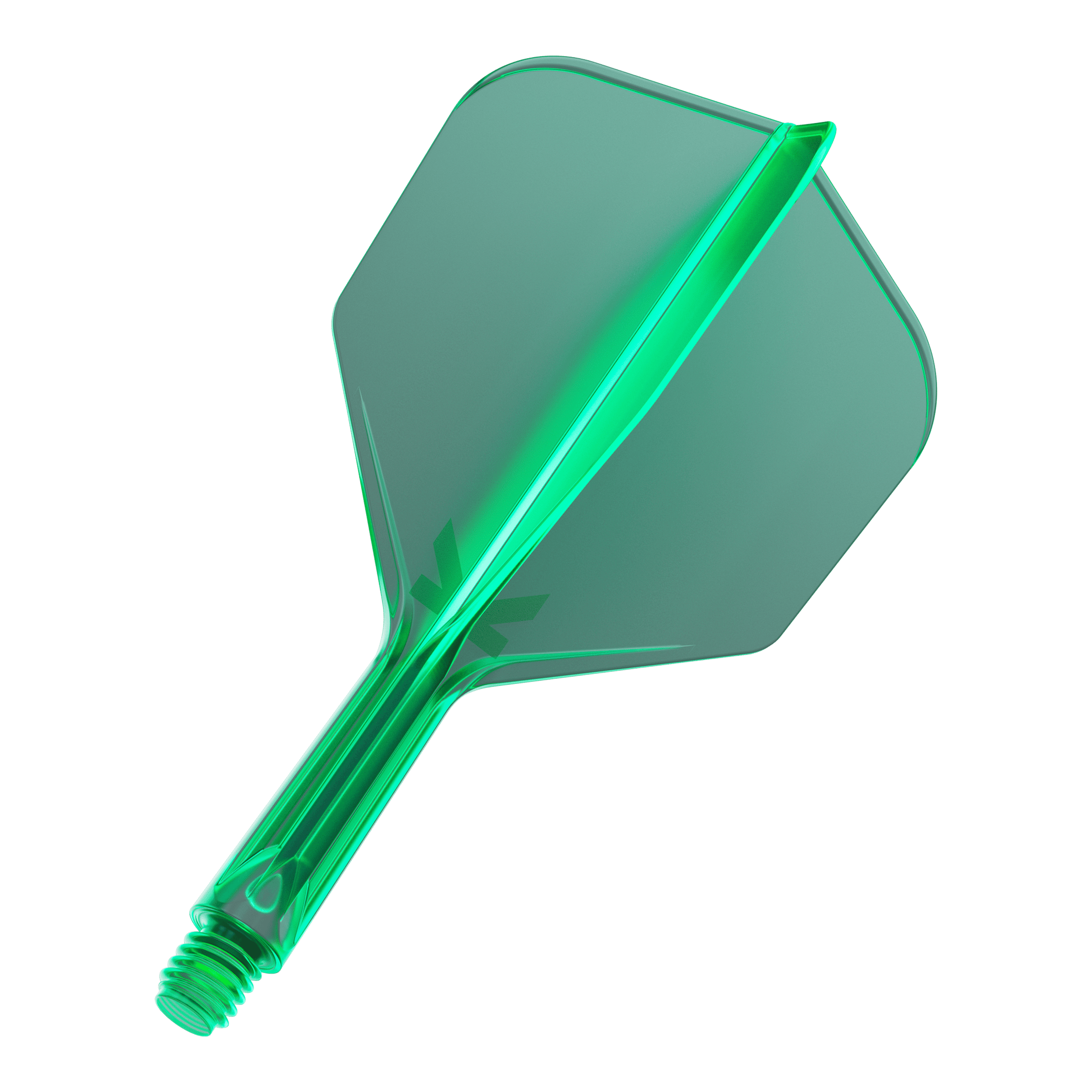 Letový systém Target K-Flex No6 - zelený Das Bild zeigt eine grüne Dart-Flügel- und Schaft-Kombination. Das Material wirkt transparent und hat eine glatte Oberfläche.