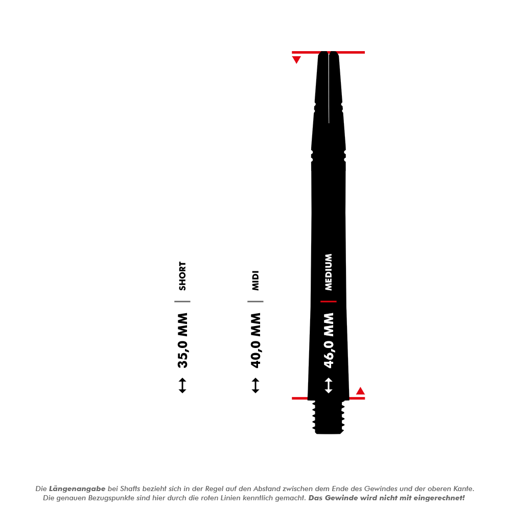 Hřídele Harrows Alamo VS2 - zelené Das Bild zeigt drei unterschiedlich lange Dartschäfte (Short, Midi, Medium) mit ihren jeweiligen Längen in Millimetern. Die Maße beziehen sich auf den Abstand zwischen dem Ende des Gewindes und der oberen Kante, das Gewinde wird nicht mitgerechnet.