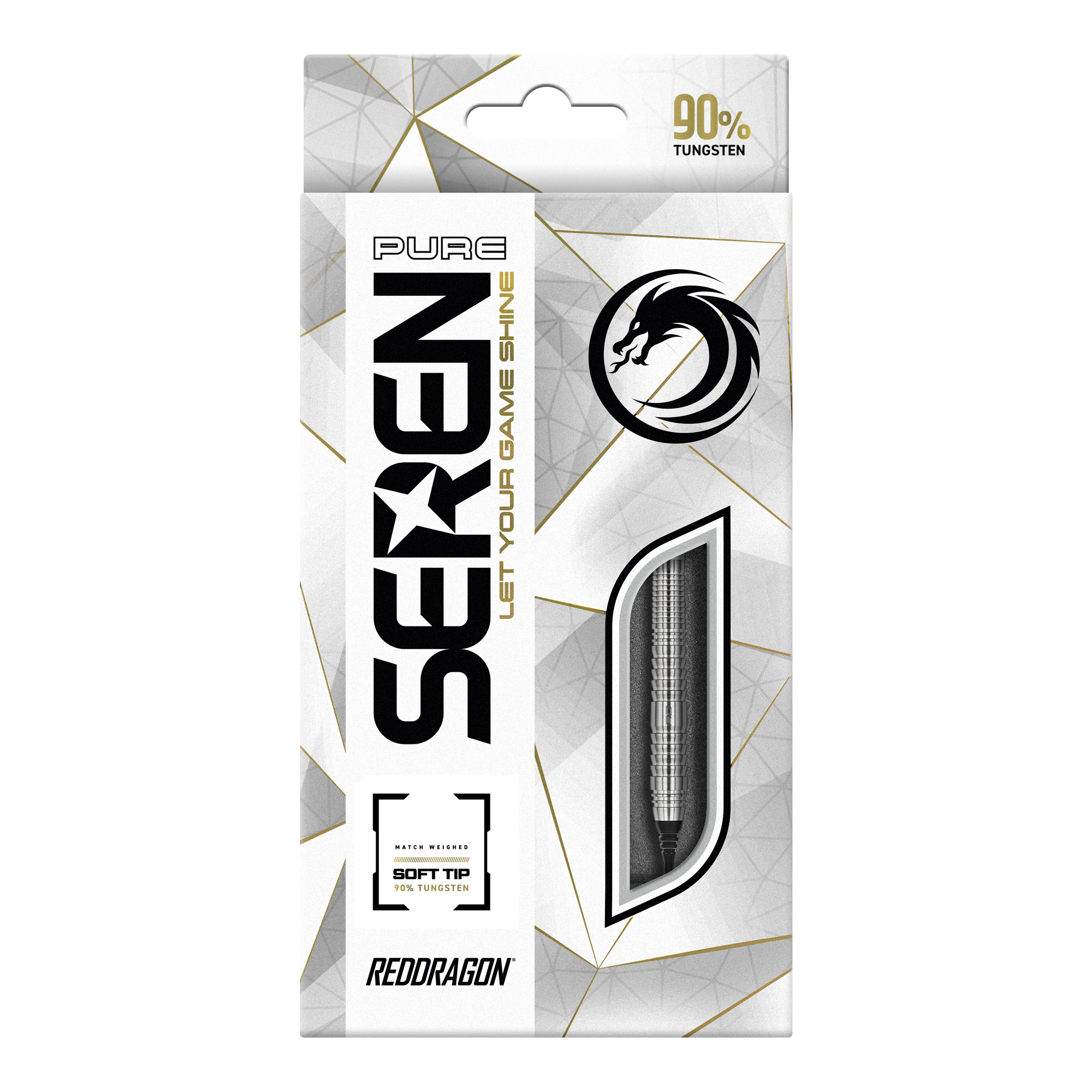 Red Dragon Seren 2 Pure Softdarts - 20g Die Abbildung zeigt die Verpackung der "Red Dragon Seren 2 Pure Softdarts - 20g". Auf der Packung sind das Produkt durch ein Sichtfenster sowie der Schriftzug "90% Tungsten" und das Red Dragon Logo zu sehen.
