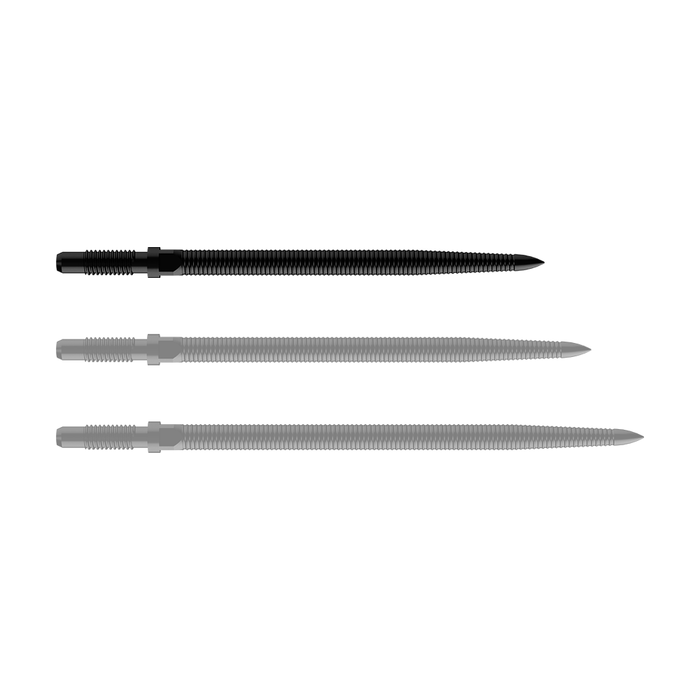 Špičky šipek Bulls NL Convertible Point - Micro Grip - černé Zu sehen ist eine schwarze Dartspitze mit feiner MicroGrip-Struktur. Das Produkt heißt BU57704_BullsNL_Convertible_Points_MicroGrip_Schwarz_32mm_1.