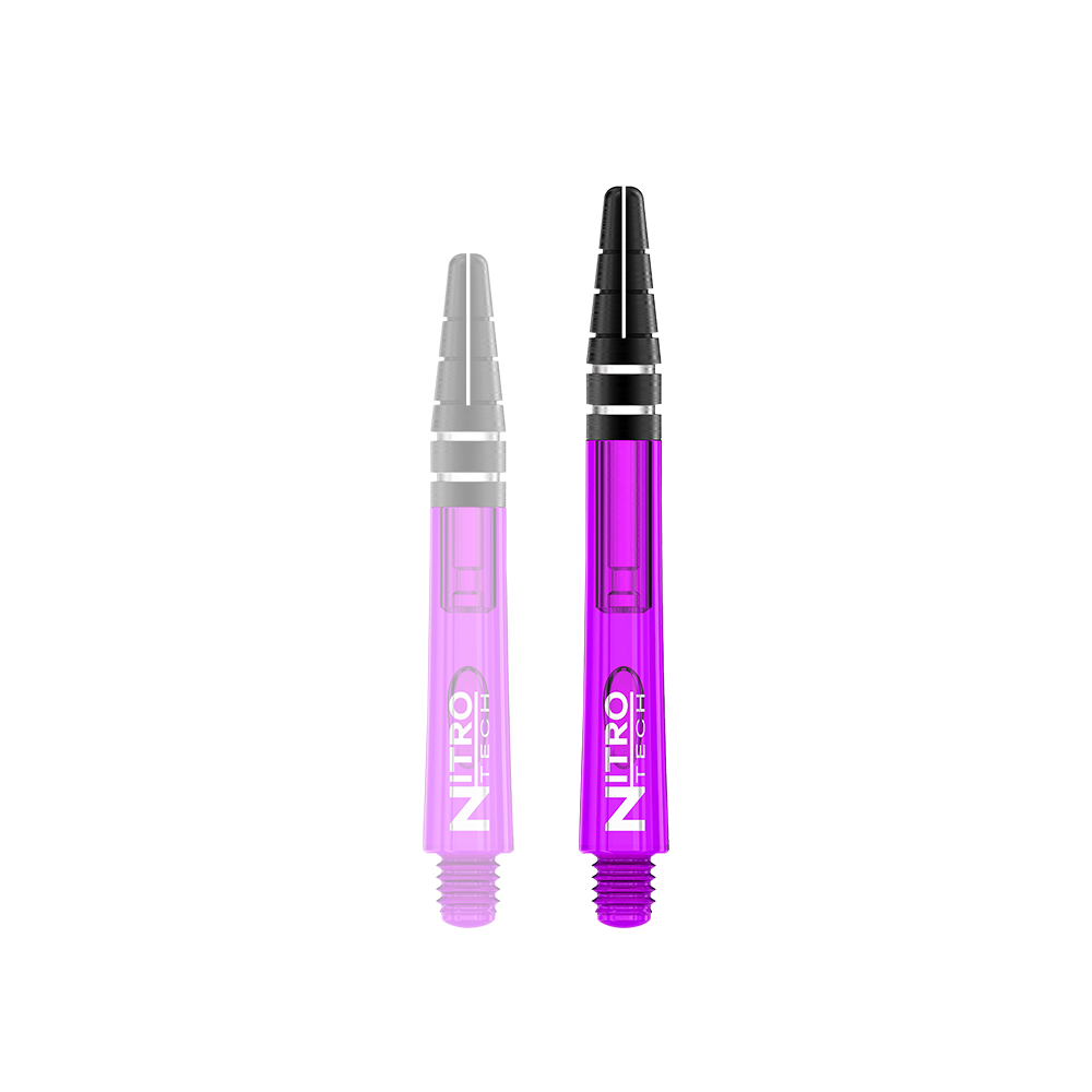 C612_Red_Dragon_Nitrotech_Shafts_Purple_42mm_1p80hOkxTu3NVx Das Bild zeigt zwei RedDragon Nitrotech Shafts in der Farbe Lila. Sie haben einen schwarzen oberen Teil und ein durchsichtiges, lilafarbenes Unterteil mit weißem Aufdruck.