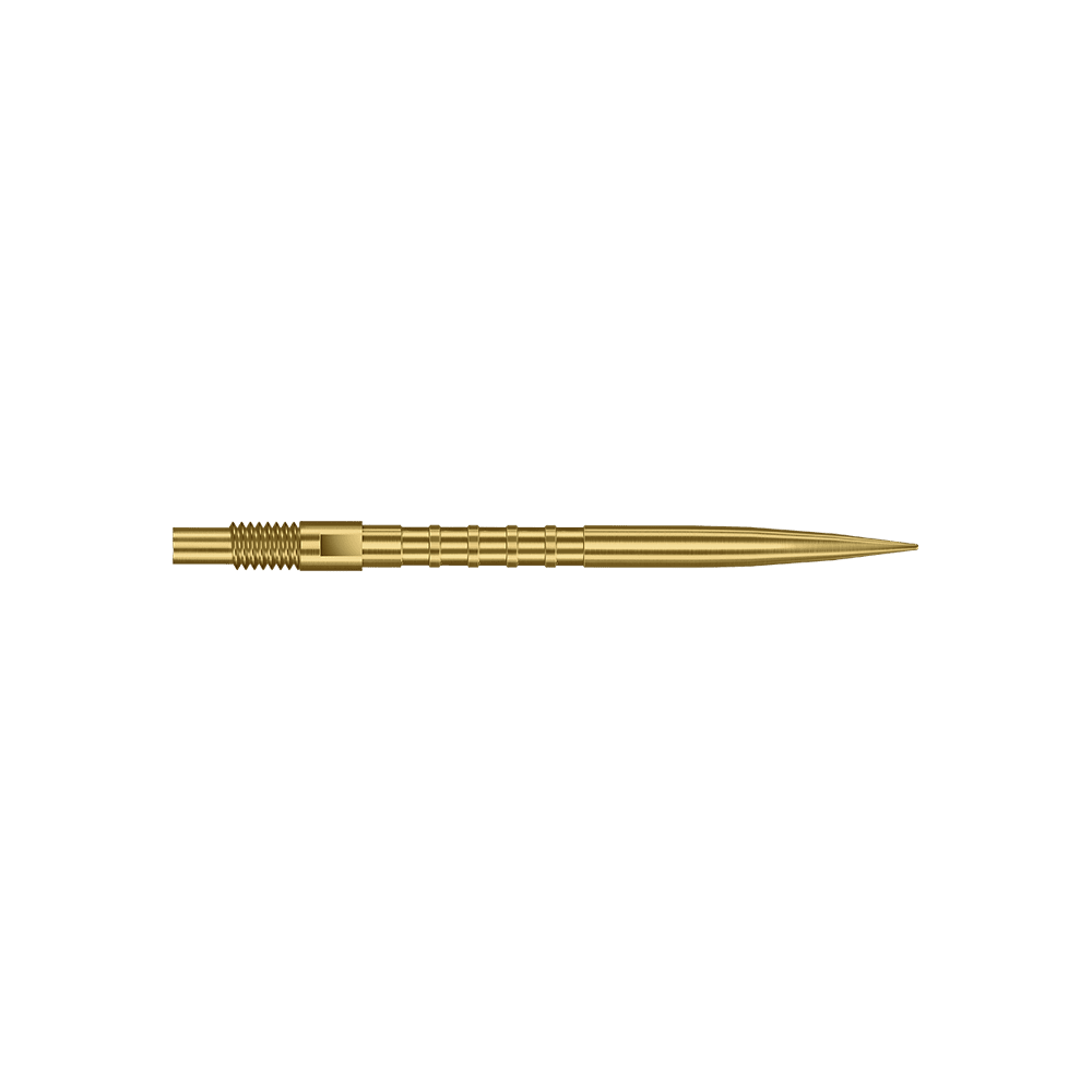 Das Bild zeigt goldene Dartspitzen mit starkem Metallgriff und 30mm Länge. Zu sehen ist das Produkt Harrows Quick Point Heavy Metal Grip Dartspitzen Gold 30mm.