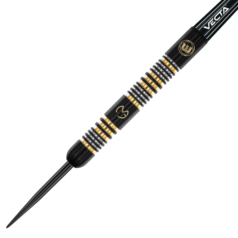 1481_Winmau_Michael_Van_Gerwen_Trilogy_Steeldarts_2 Das Bild zeigt einen schwarzen Steeldart mit goldenen und silbernen Ringen. Auf dem Dart sind Logos und der Schriftzug "VECTA" zu sehen.