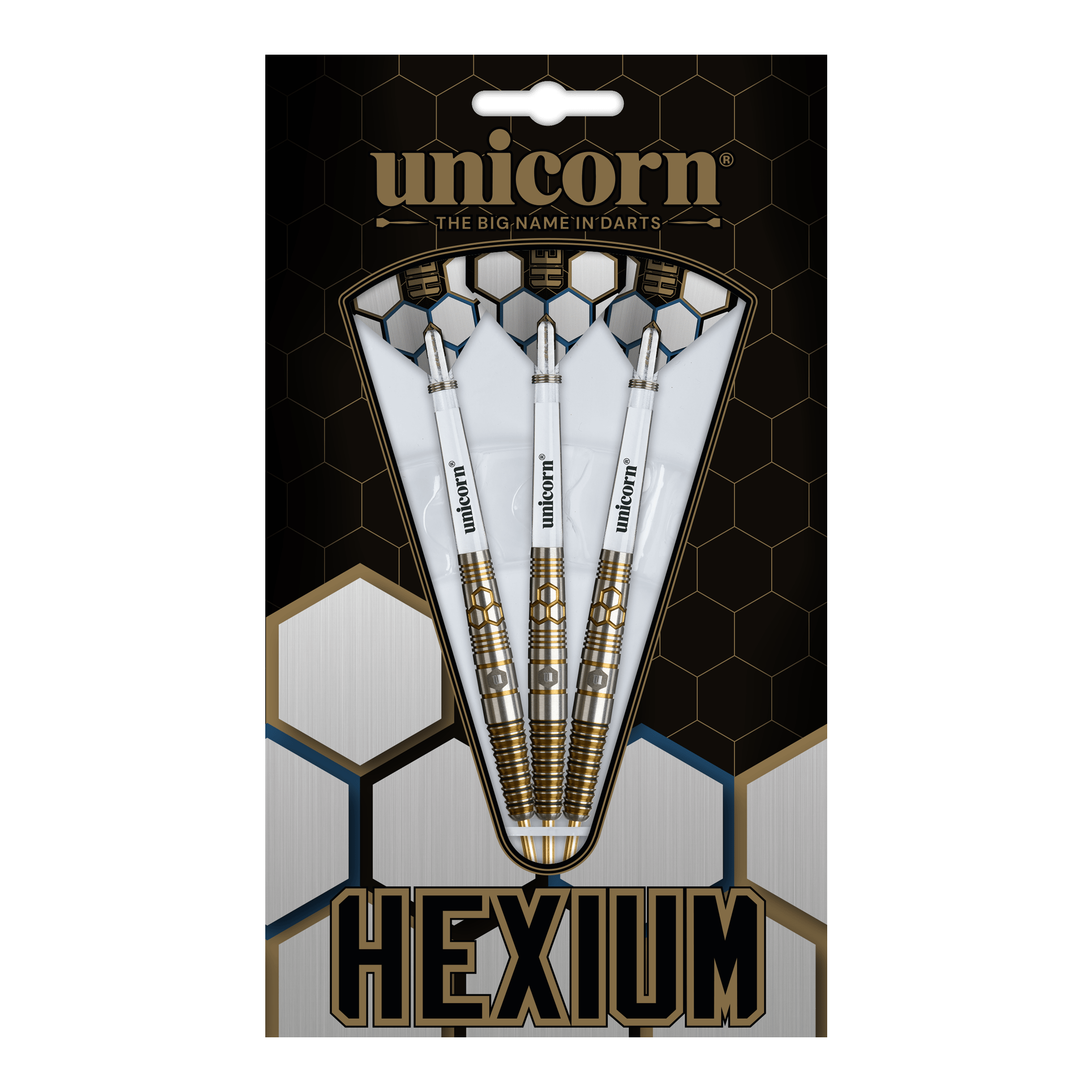 Ocelové šipky Unicorn Hexium Style 03 Zlaté a černé Dies ist das Produkt Unicorn Hexium Style 03 Gold & Black Steeldarts. Drei Steeldarts in Gold und Schwarz sind abgebildet.