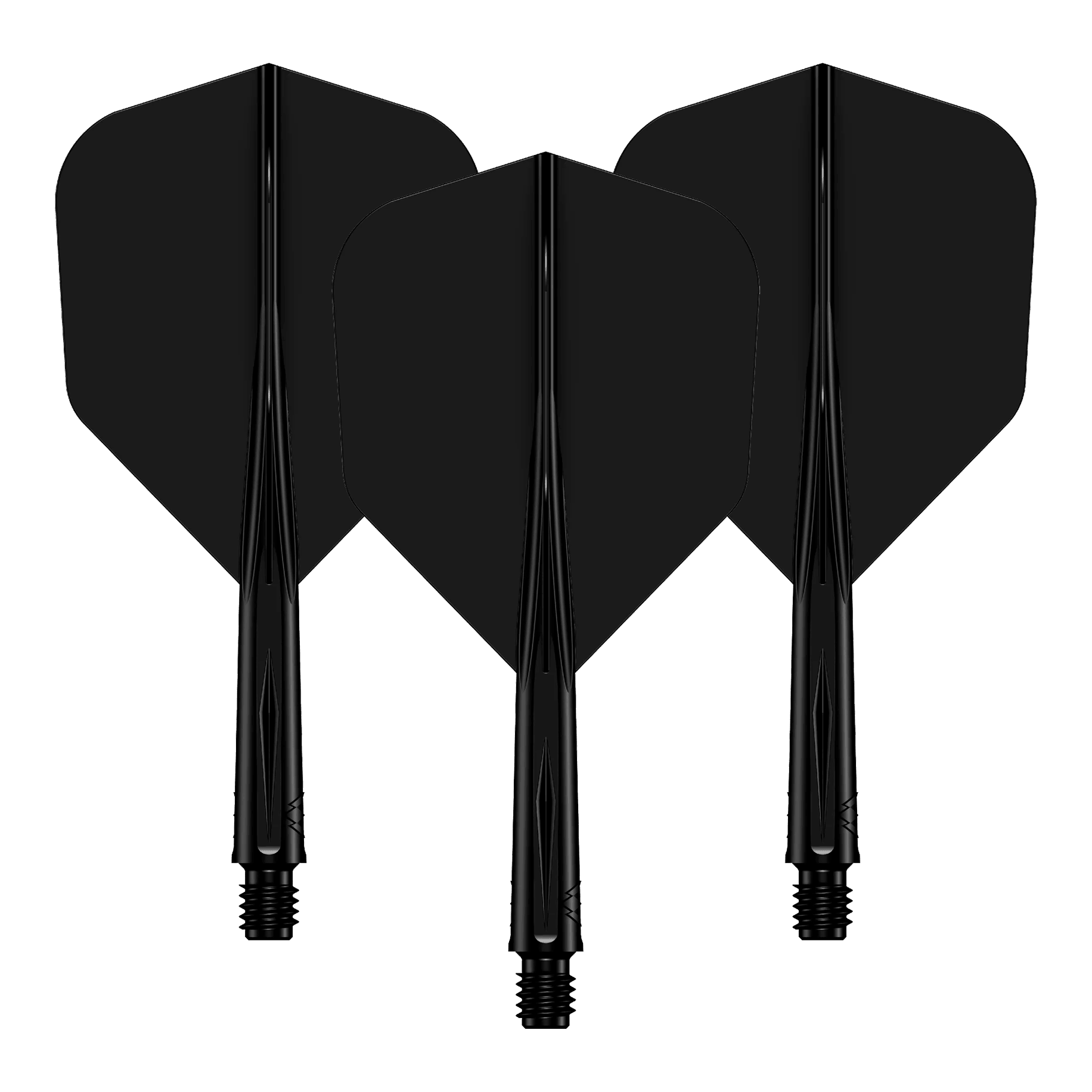 Das Bild zeigt drei schwarze Dartflights mit passenden Dartschäften. Sie sind hintereinander angeordnet und haben eine glänzende Oberfläche.