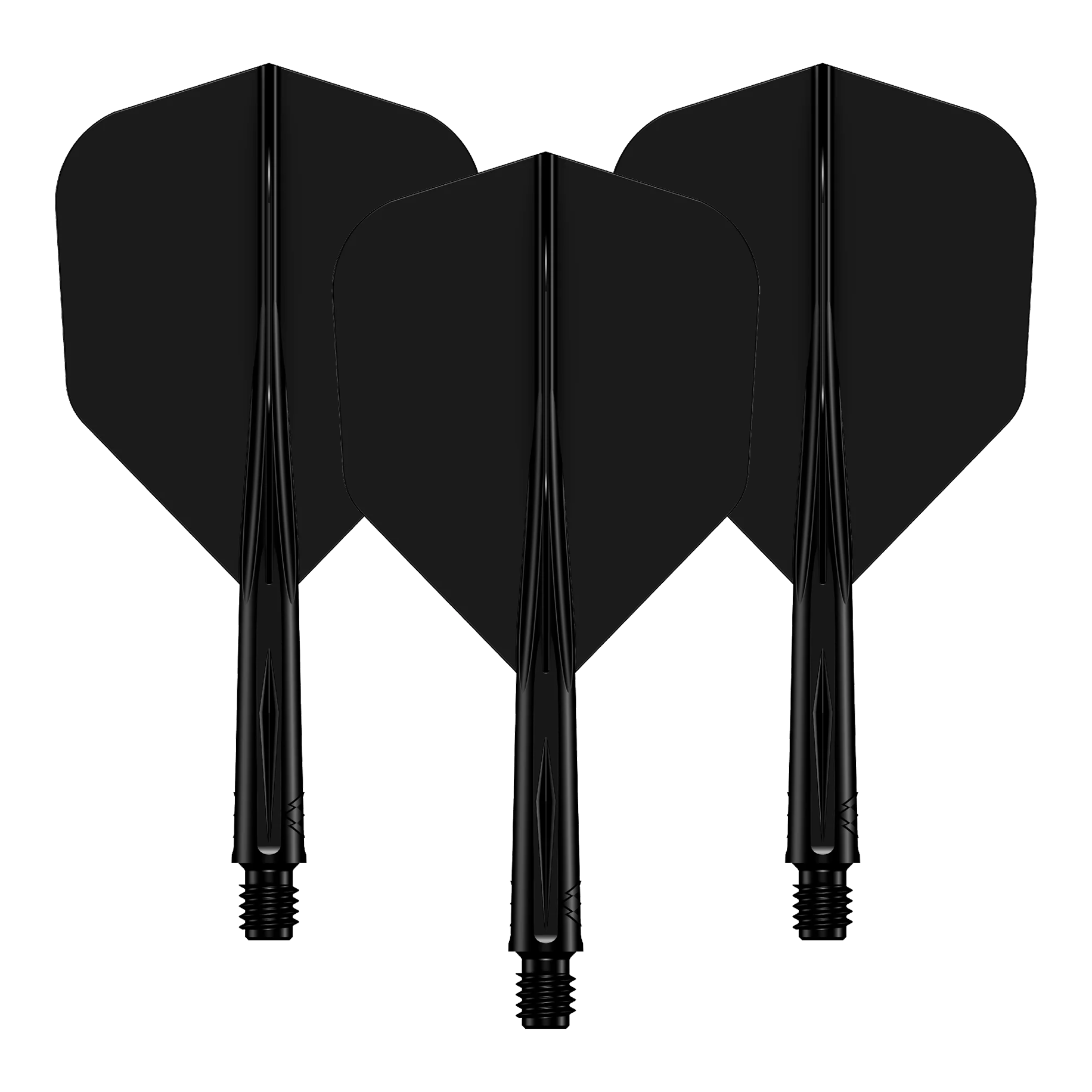 Systém letové hřídele Mission Force 90 No6 - černý Das Bild zeigt drei schwarze Dartflights mit passenden Dartschäften. Sie sind hintereinander angeordnet und haben eine glänzende Oberfläche.