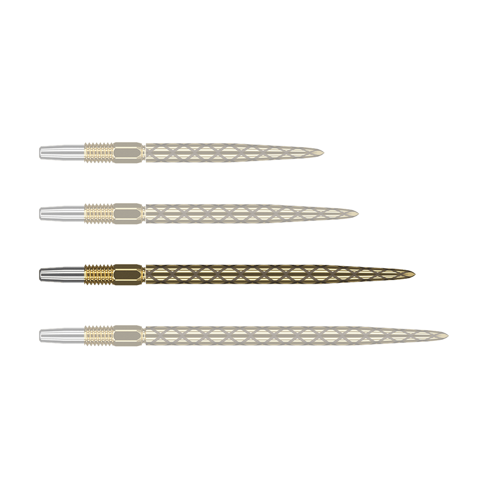 Zaměřte hroty šipek Swiss Diamond Pro Gold Das Bild zeigt vier goldfarbene Dartspitzen mit rautenförmigem Muster. Die Spitzen sind nebeneinander angeordnet und haben am Ende einen silbernen Abschnitt.