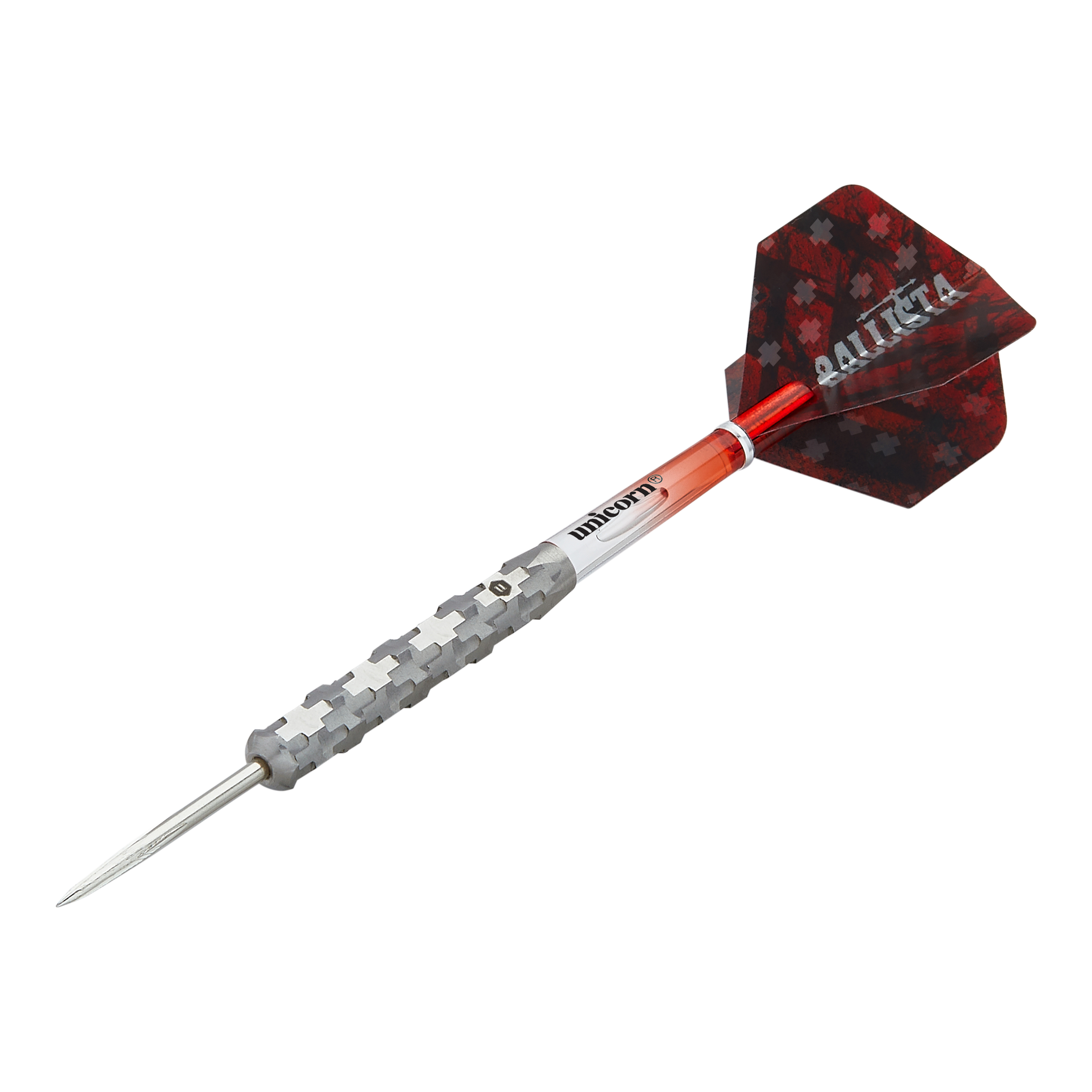 Ocelové šipky Unicorn Ballista Style 1 Dies ist ein Steeldart aus der Produktreihe "Unicorn Ballista Style 1". Er hat einen silbernen, strukturierten Schaft und rote Flights mit Muster.