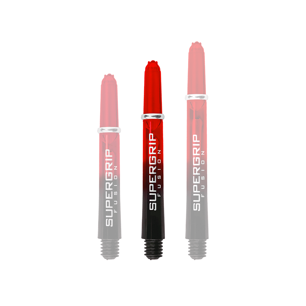 HR343_Harrows_Supergrip_Fusion_Shafts_Rot_40mm_1iStdOaVuc6uL2 Das Bild zeigt drei Harrows Supergrip Fusion Shafts in der Farbe Rot. Die Schäfte sind oben rot und verlaufen nach unten hin in Schwarz mit weißer Aufschrift.