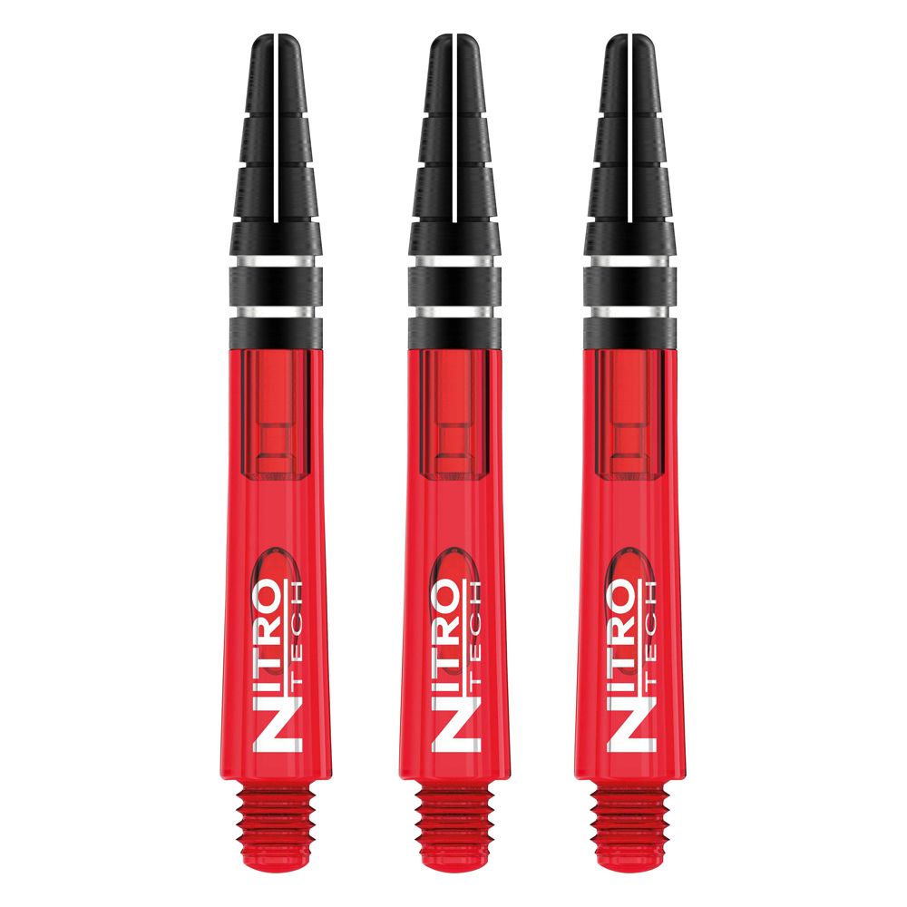 C443_Nitrotech_Short_Red_V Das Bild zeigt drei rote RedDragon Nitrotech Shafts, die für Darts verwendet werden. Sie haben ein modernes Design mit schwarzen und silbernen Akzenten.