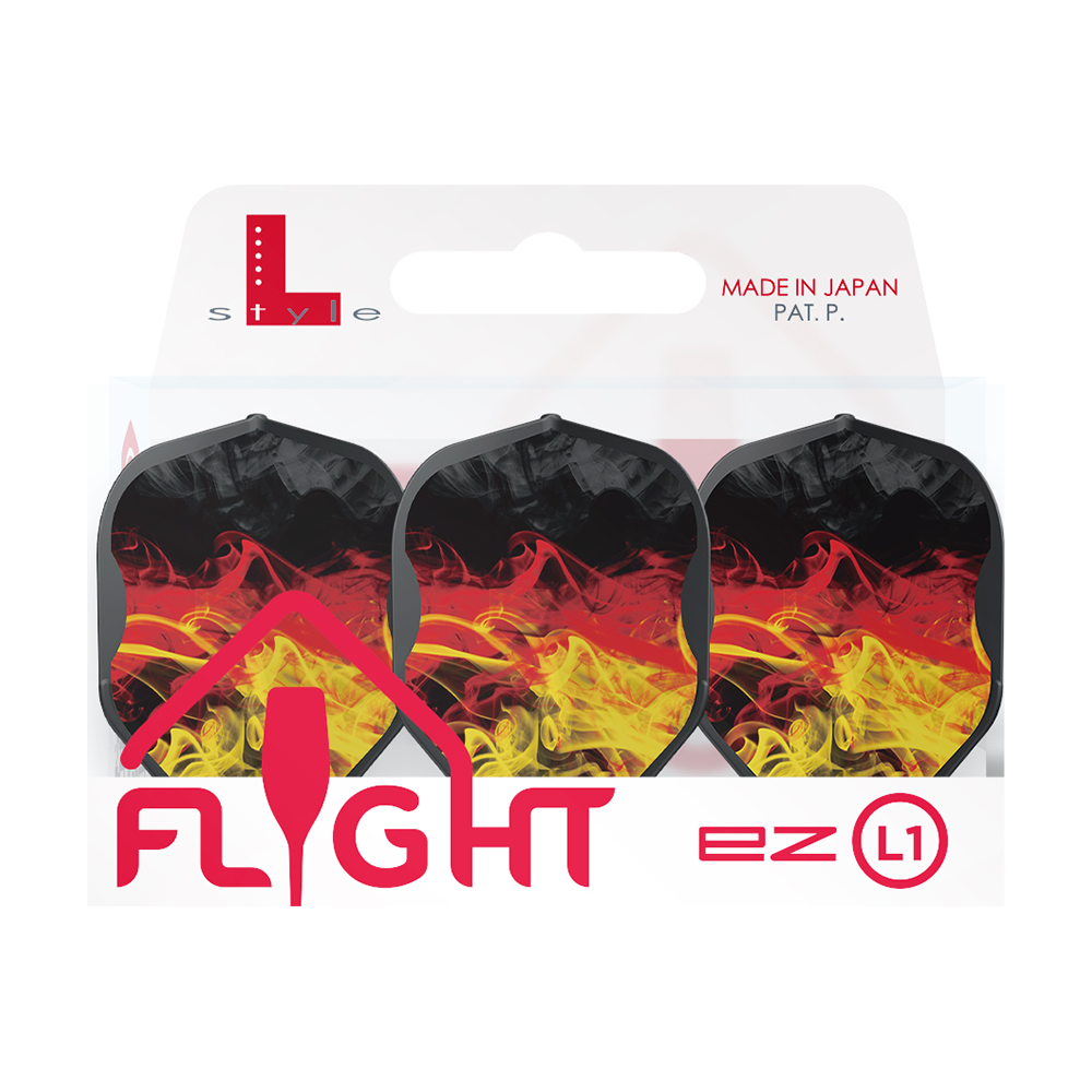 Das Bild zeigt die L-Style RYB-Series Type D Black L1EZ Flights in einer Verpackung. Die Flights haben ein auffälliges Design mit schwarzen, roten und gelben Farben.