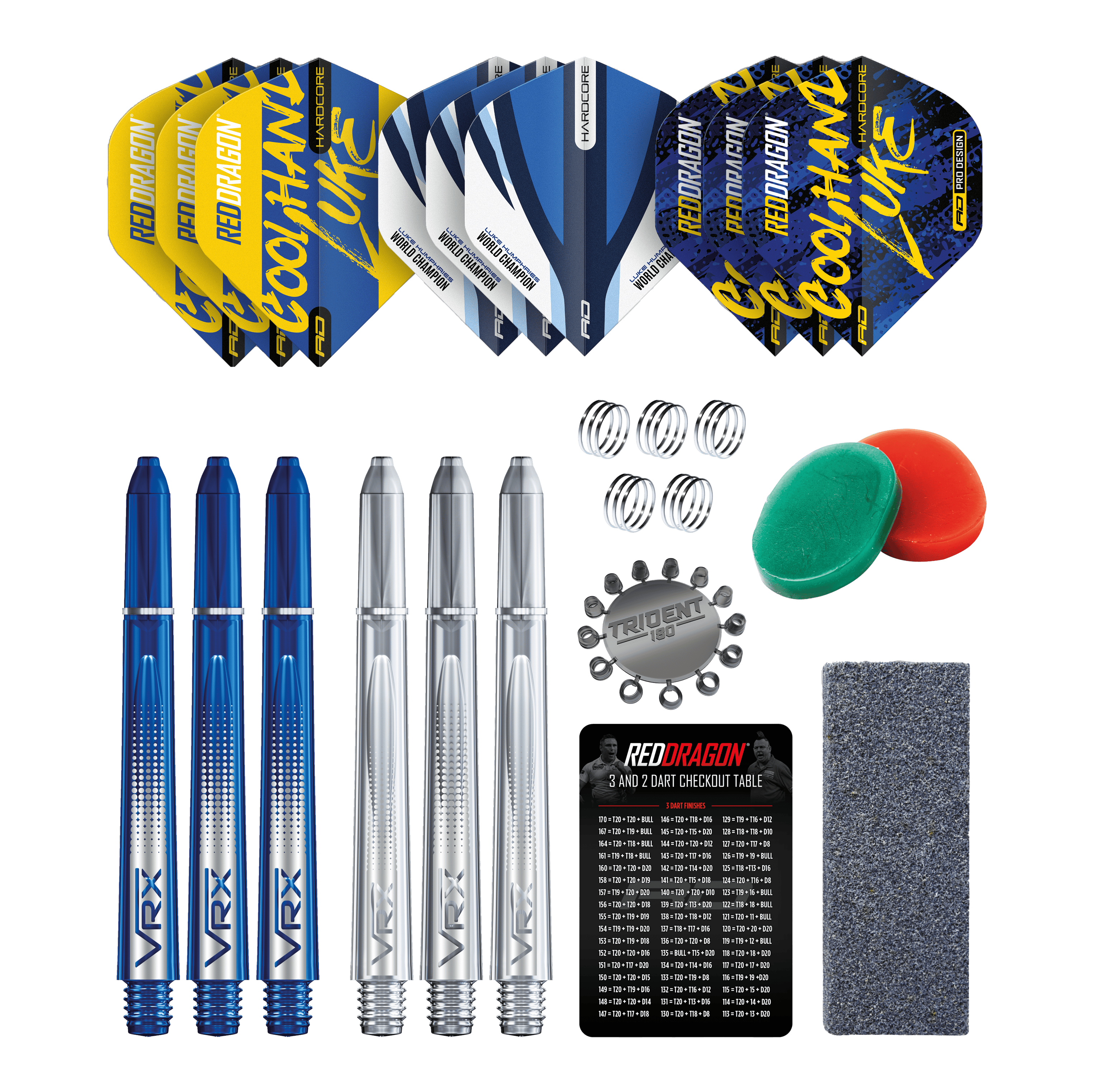 Sada doplňků Optima pro Red Dragon Luke Humphries Das Bild zeigt das Red Dragon Luke Humphries Optima Zubehör Pack für Darts. Enthalten sind Flights, Shafts, Federn, Tridents, ein Schleifstein, ein Checkout-Table, sowie weiteres nützliches Dartzubehör.